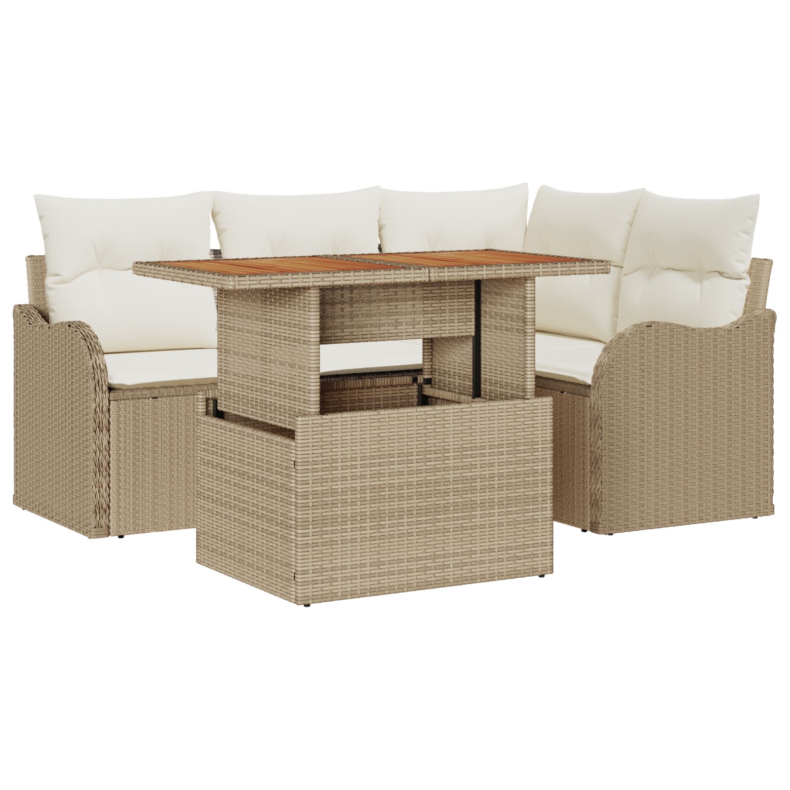 5-teiliges Garten Sofa Set mit Kissen Beige Poly Rattan Akazie, 2-Sitzer Garten Sofa mit Kissen Beige Poly Rattan 5-teiliges Garten Sofa Set mit Kissen Beige Poly Rattan Akazie, 2-Sitzer Garten Sofa mit Kissen Beige Poly Rattan
