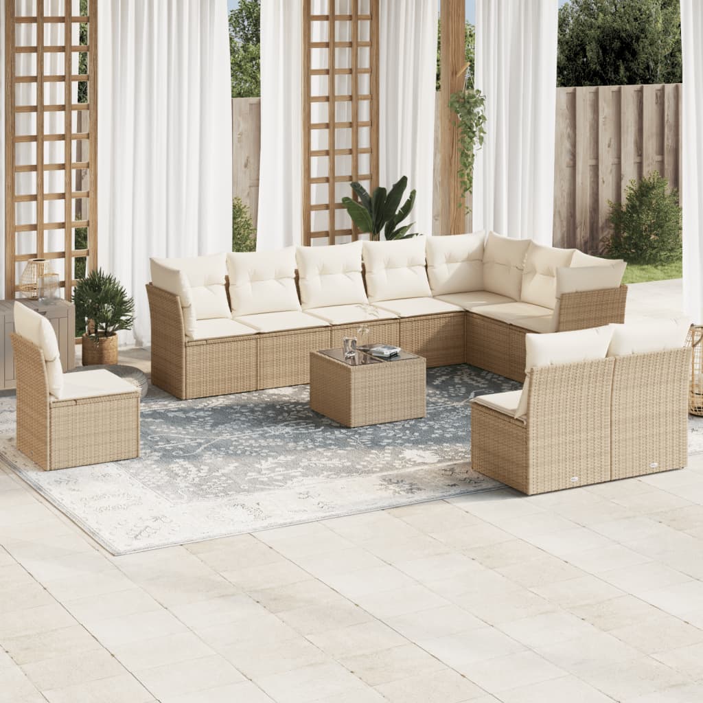 11-tlg. Garten-Sofagarnitur mit Kissen Beige Poly Rattan 11-tlg. Garten-Sofagarnitur mit Kissen Beige Poly Rattan