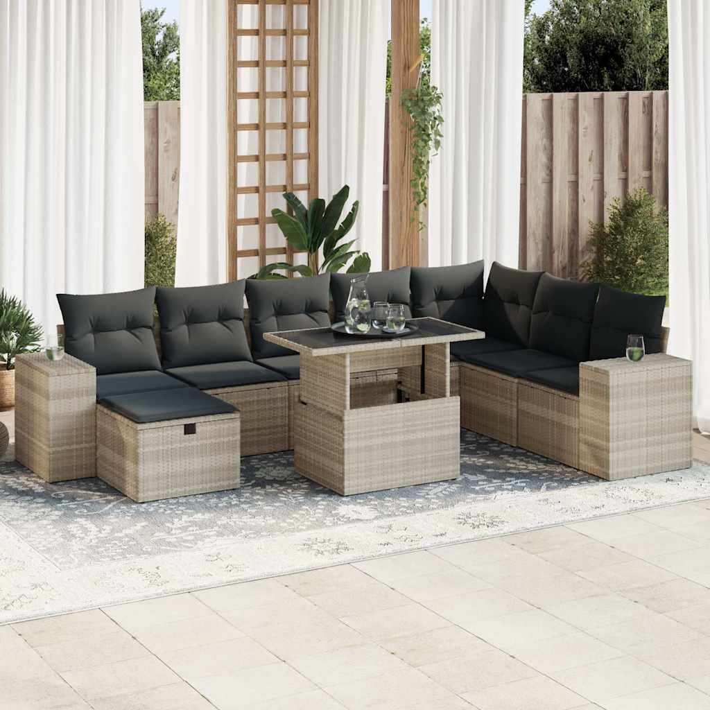 9-tlg. Garten-Sofagarnitur mit Kissen Hellgrau Poly Rattan 9-tlg. Garten-Sofagarnitur mit Kissen Hellgrau Poly Rattan