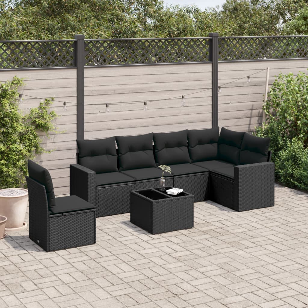 7-tlg. Garten-Sofagarnitur mit Kissen Schwarz Poly Rattan 7-tlg. Garten-Sofagarnitur mit Kissen Schwarz Poly Rattan