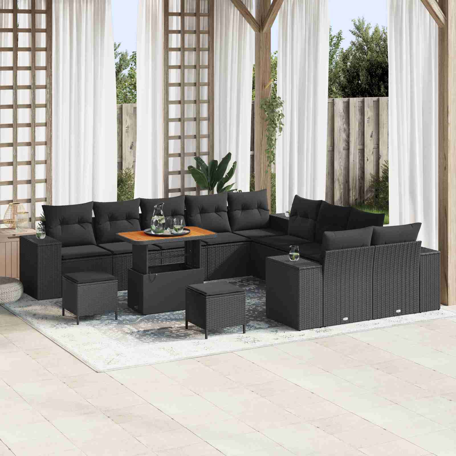 13-teiliges Garten-Sofa-Set mit Kissen Schwarzes Poly-Rattan Akazie 13-teiliges Garten-Sofa-Set mit Kissen Schwarzes Poly-Rattan Akazie