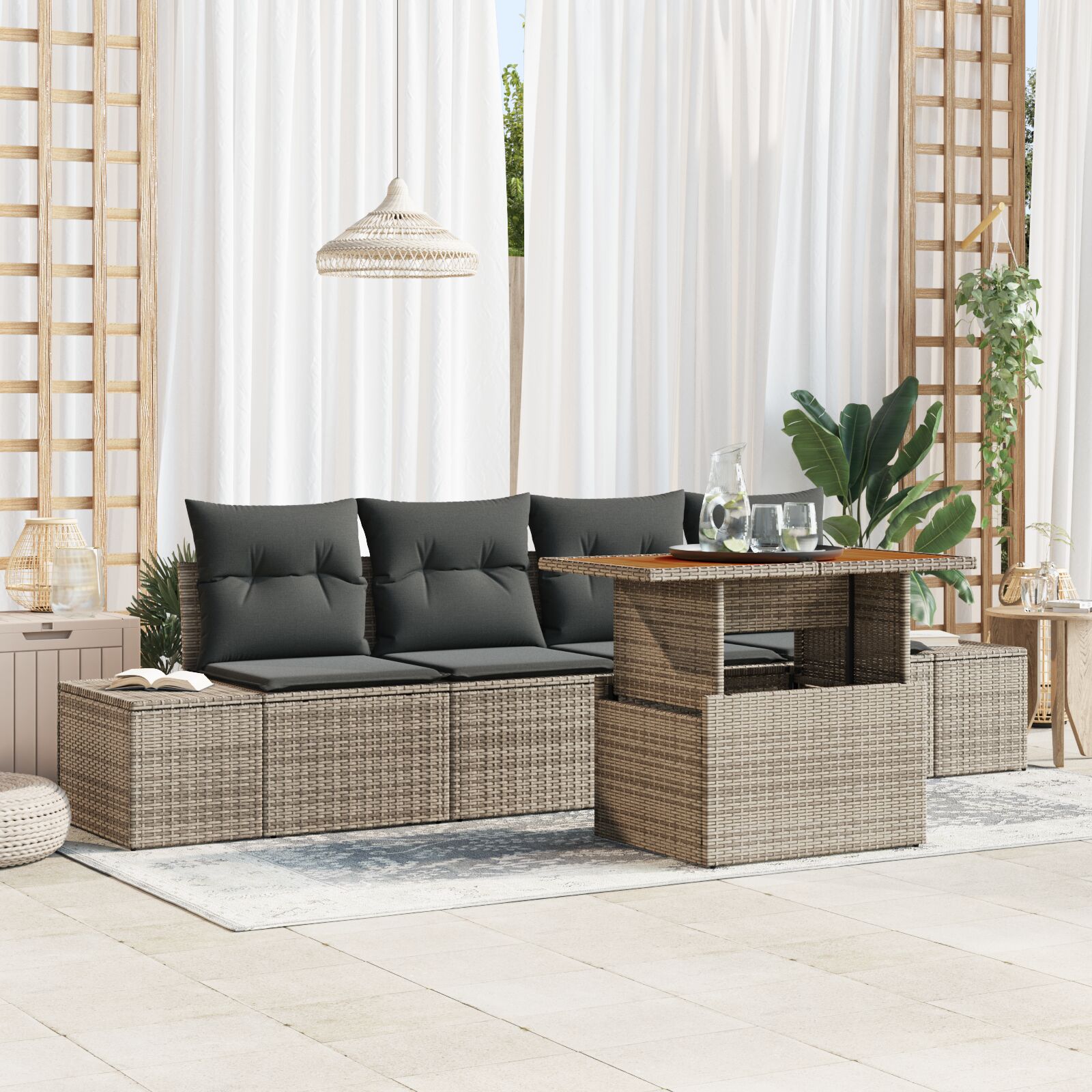 vidaXL Garten Sofa Set Set aus 5 Grau, Braun (Rattan) vidaXL Garten Sofa Set Set aus 5 Grau, Braun (Rattan)