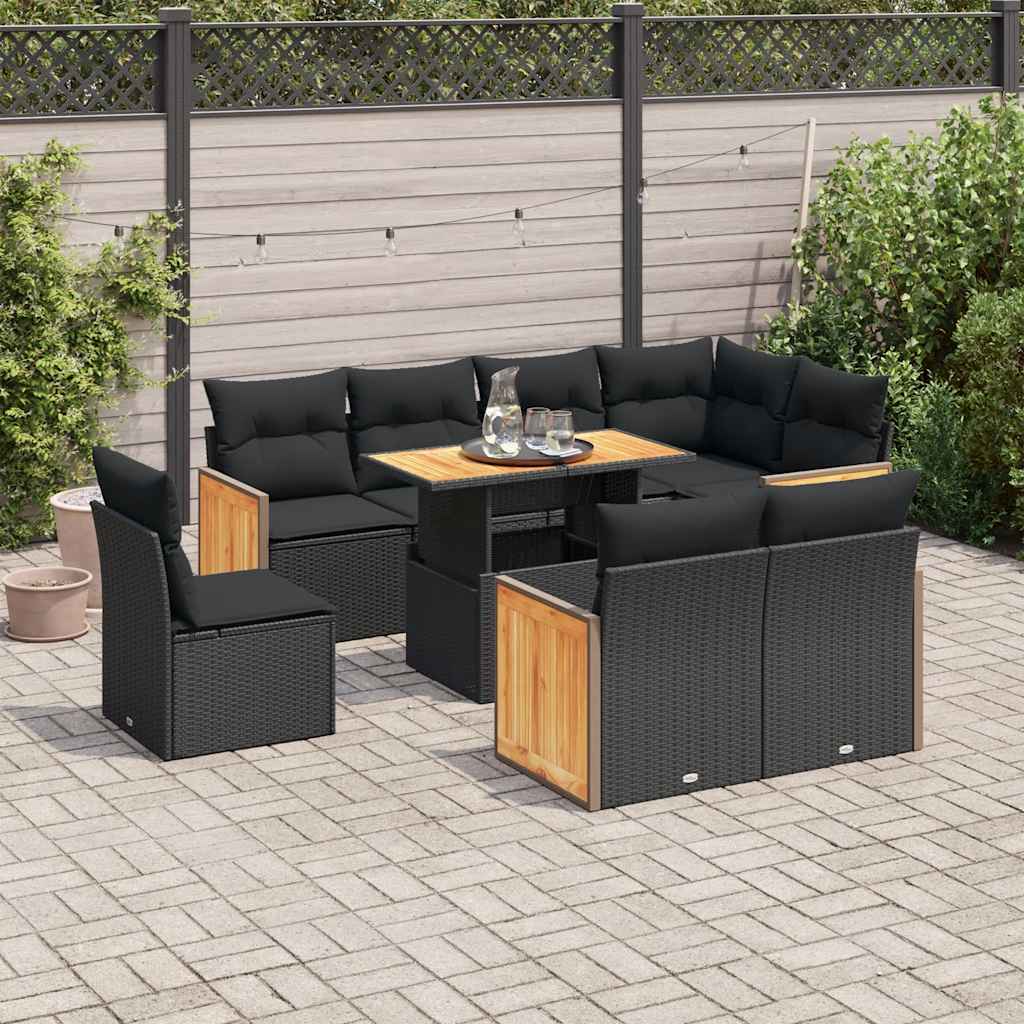 9-tlg. Garten-Sofagarnitur mit Kissen Schwarz Poly Rattan 9-tlg. Garten-Sofagarnitur mit Kissen Schwarz Poly Rattan
