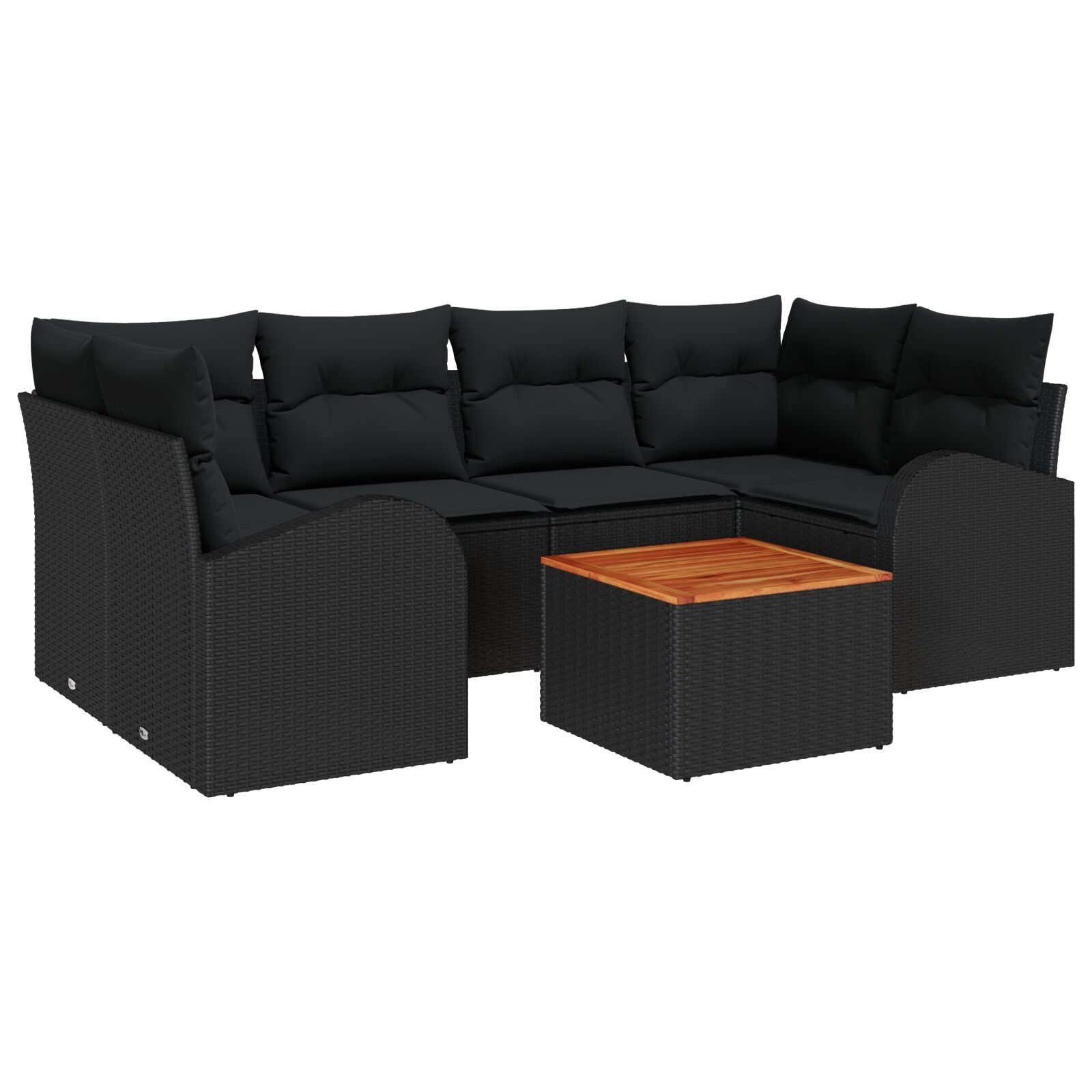 7-teiliges Garten Sofa Set mit Kissen Schwarz Poly Rattan Akazie, 2-Sitzer Garten Sofa mit Stauraum & Kissen Schwarz Poly Rattan