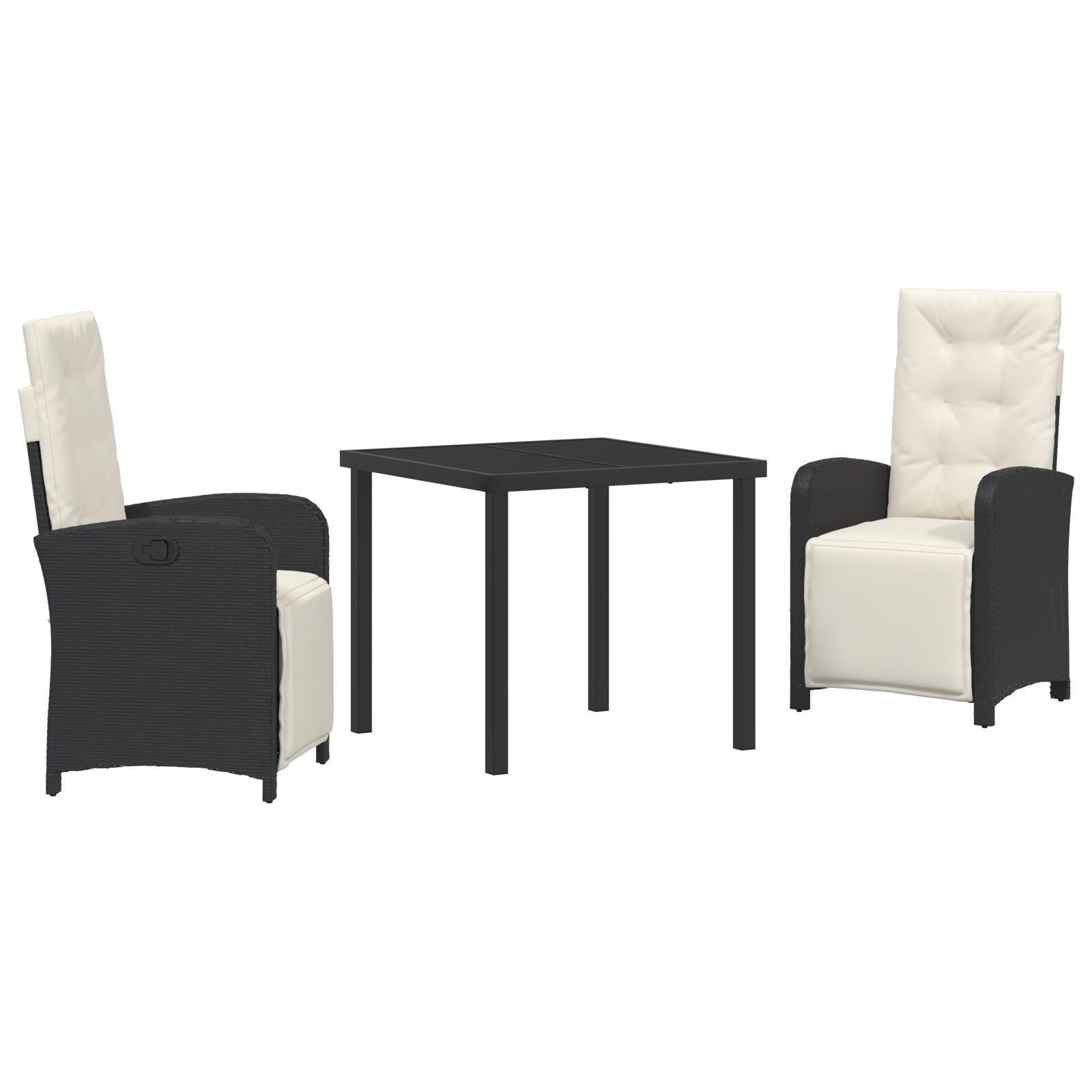 3-teilige Garten Essgruppe mit Kissen Schwarz Poly Rattan, Gartentisch Schwarz 80x80x73 cm Temperiertes Glas