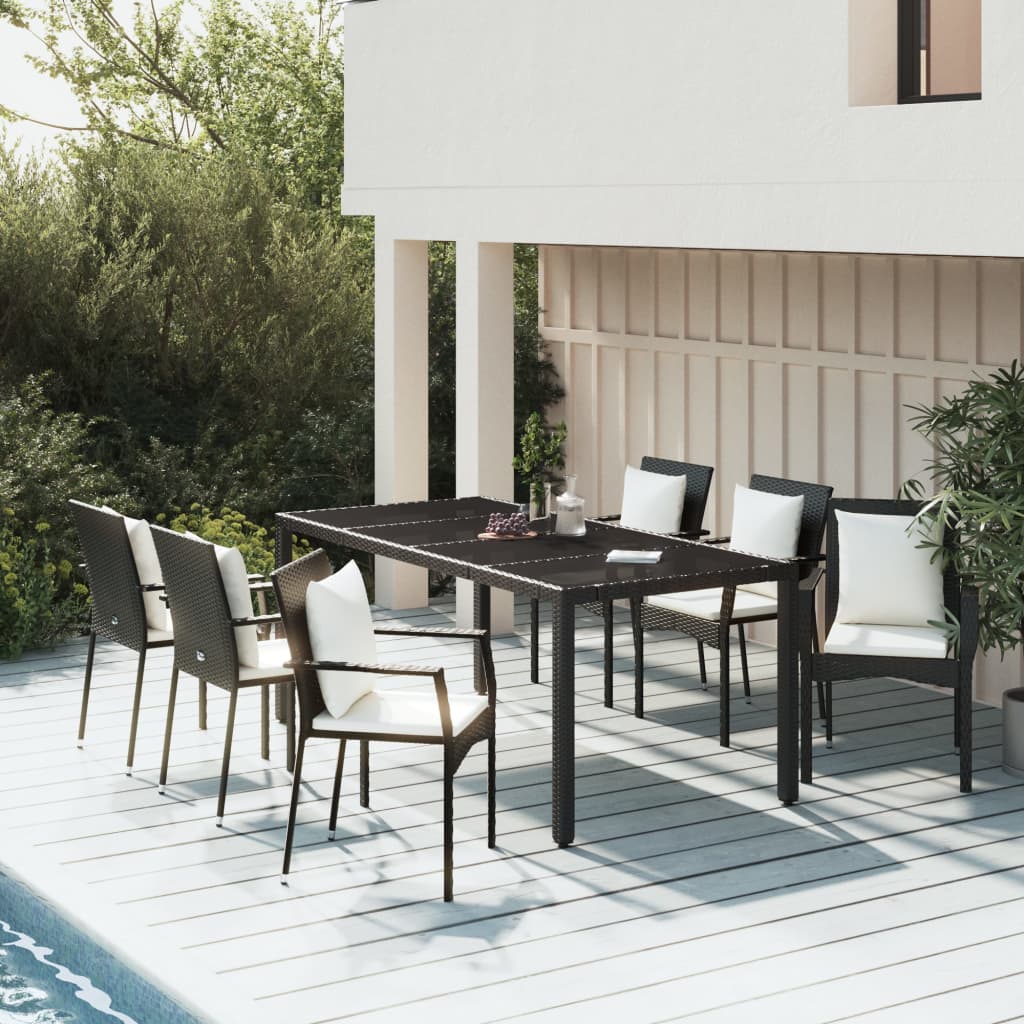 7-tlg. Garten-Essgruppe mit Kissen Schwarz Poly Rattan 7-tlg. Garten-Essgruppe mit Kissen Schwarz Poly Rattan