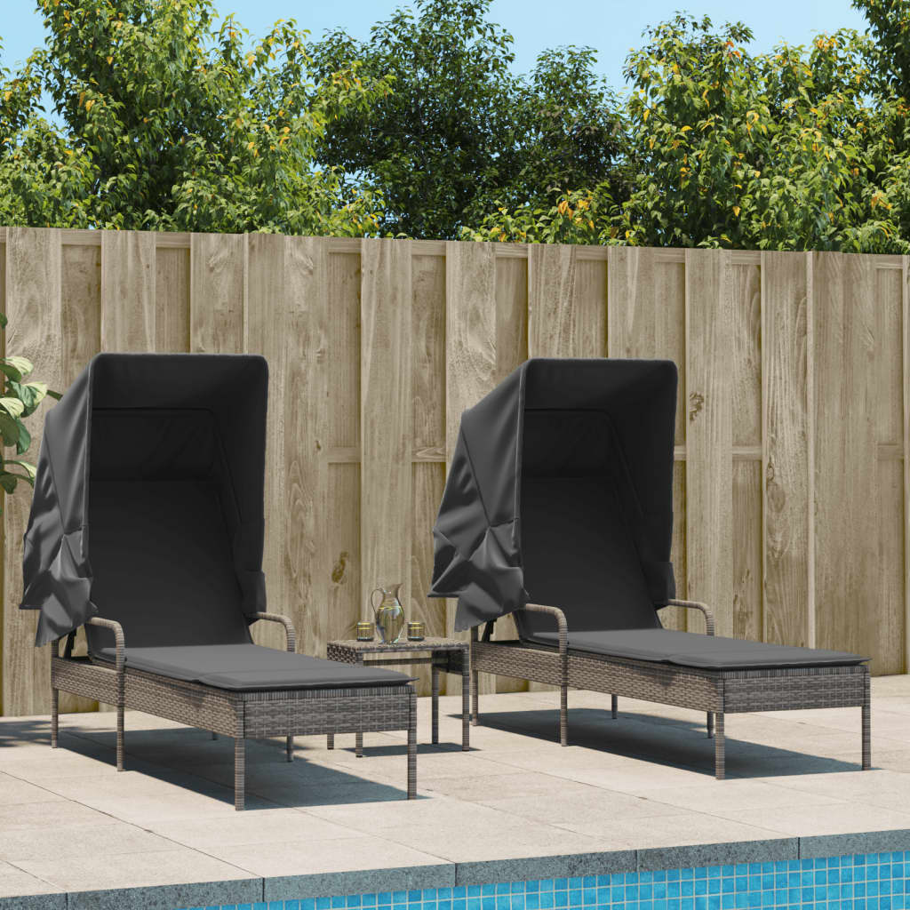 Sonnenliegen 2 Stk. mit Dach und Tisch Grau Poly Rattan Sonnenliegen 2 Stk. mit Dach und Tisch Grau Poly Rattan