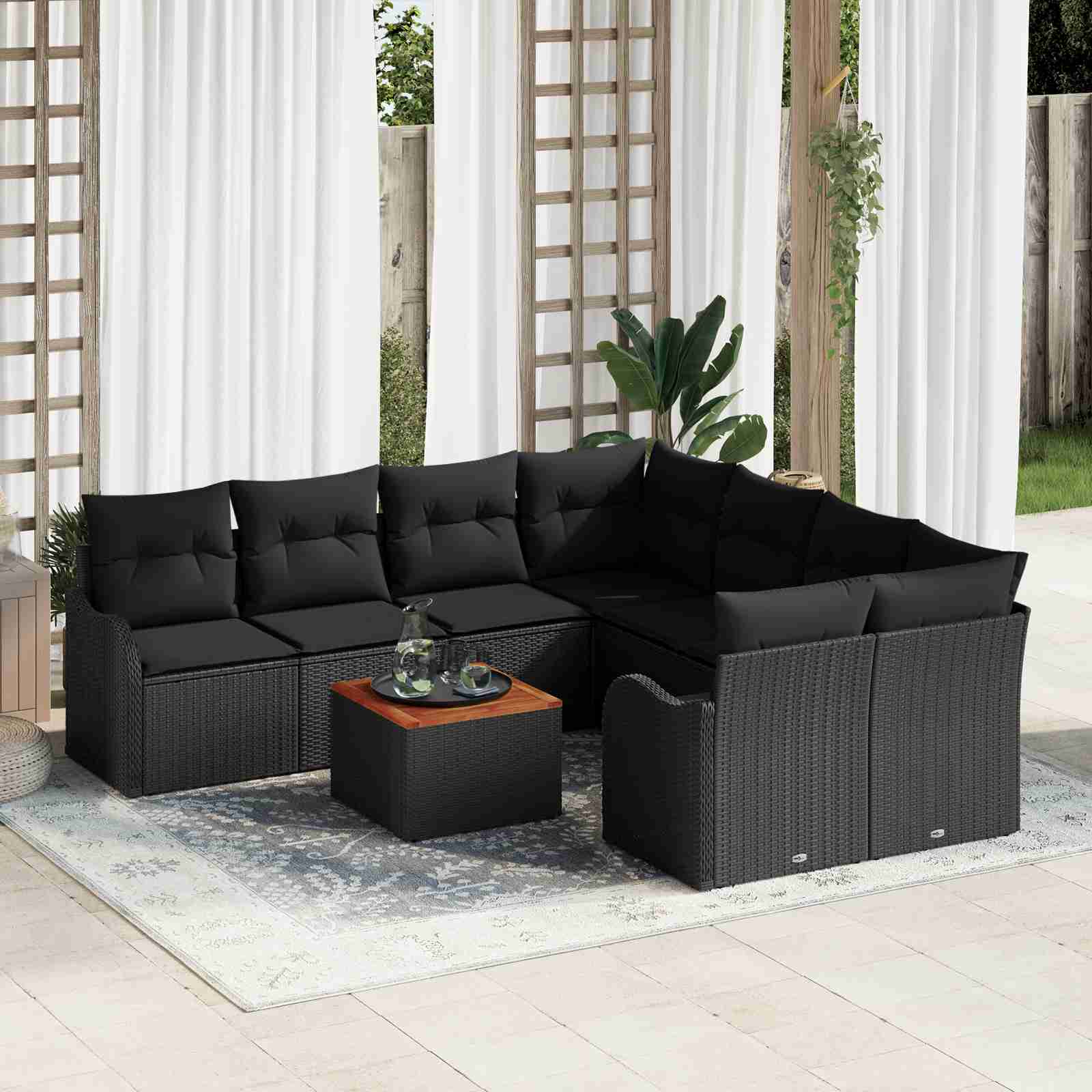 9-teilige Garten Sofa Set mit Kissen Schwarz Poly Rattan Akazie 9-teilige Garten Sofa Set mit Kissen Schwarz Poly Rattan Akazie