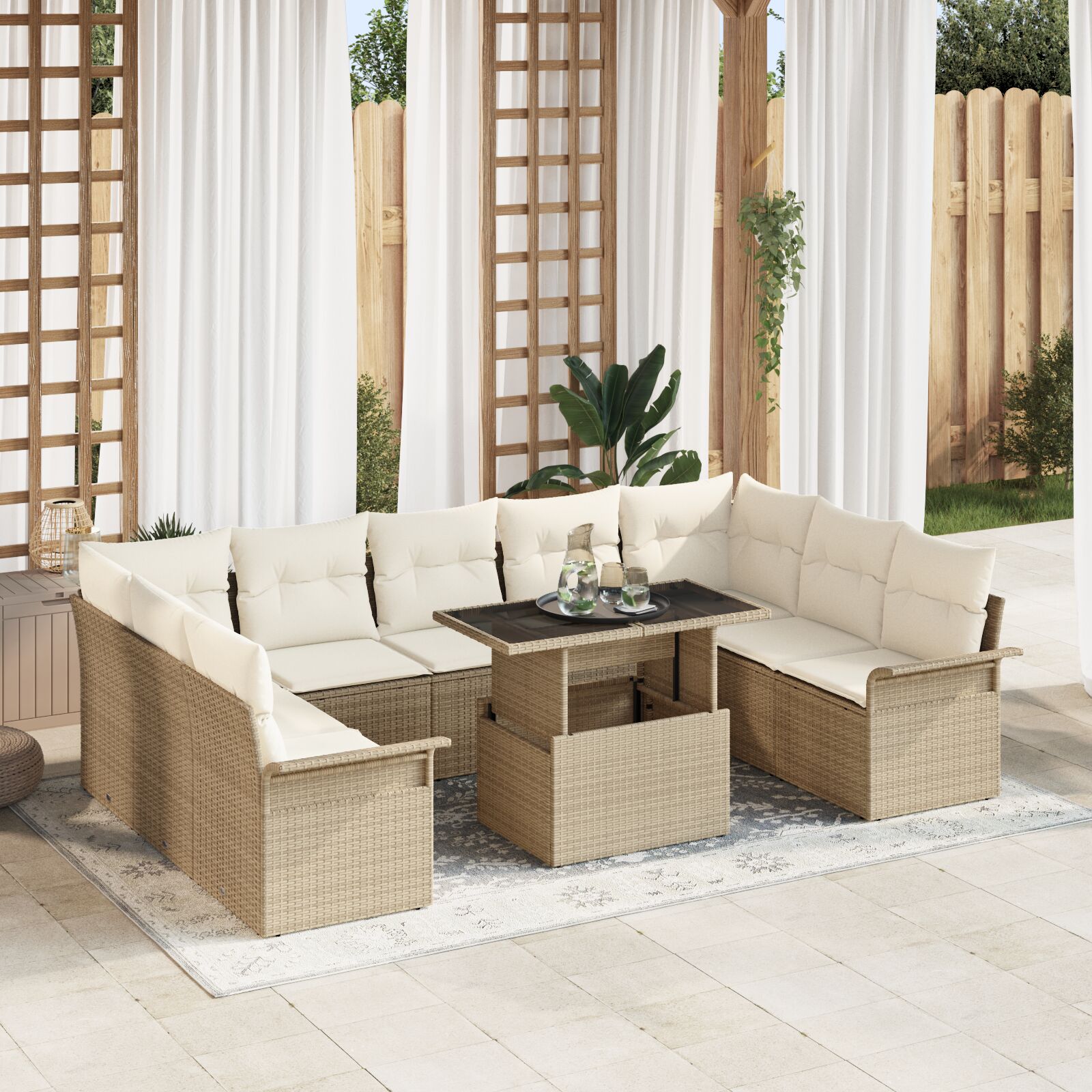 10-teiliges Gartensofa-Set mit Kissen Beige Poly Rattan