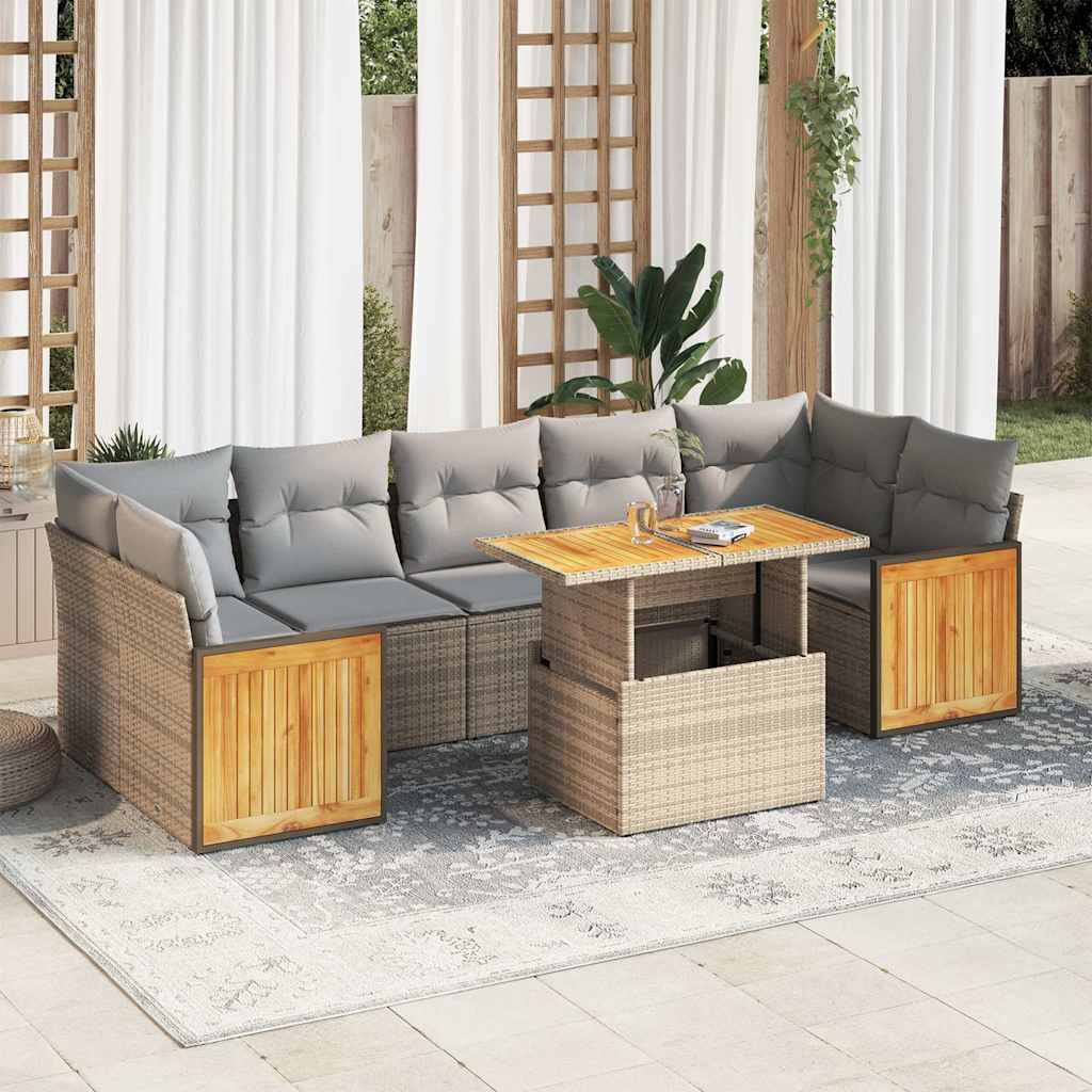 8-tlg. Garten-Sofagarnitur mit Kissen Beige Poly Rattan Akazie 8-tlg. Garten-Sofagarnitur mit Kissen Beige Poly Rattan Akazie
