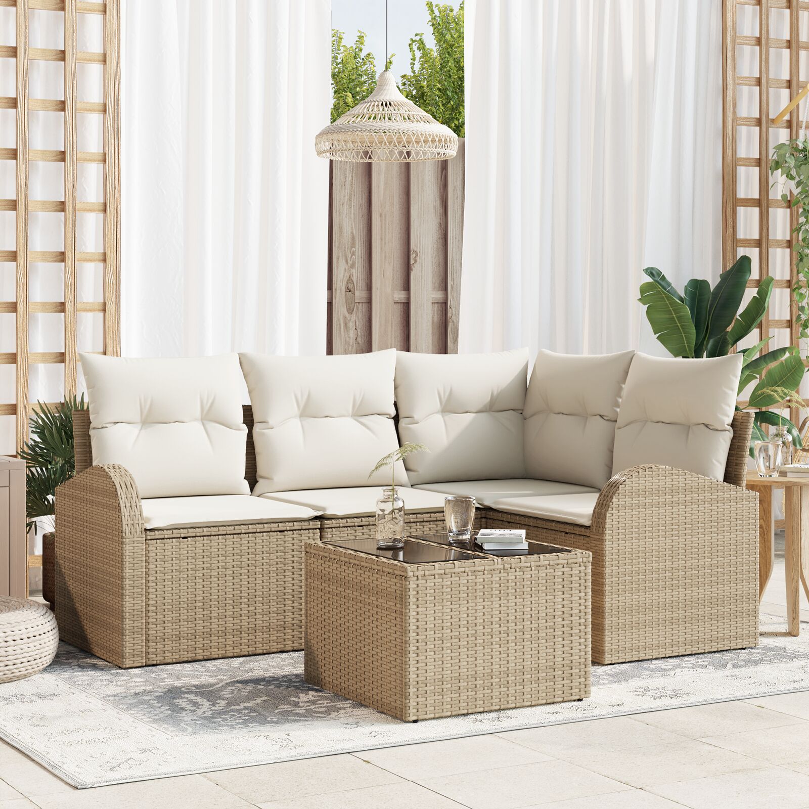 5-teiliges Garten Sofa Set mit Kissen Braunes Poly Rattan 5-teiliges Garten Sofa Set mit Kissen Braunes Poly Rattan