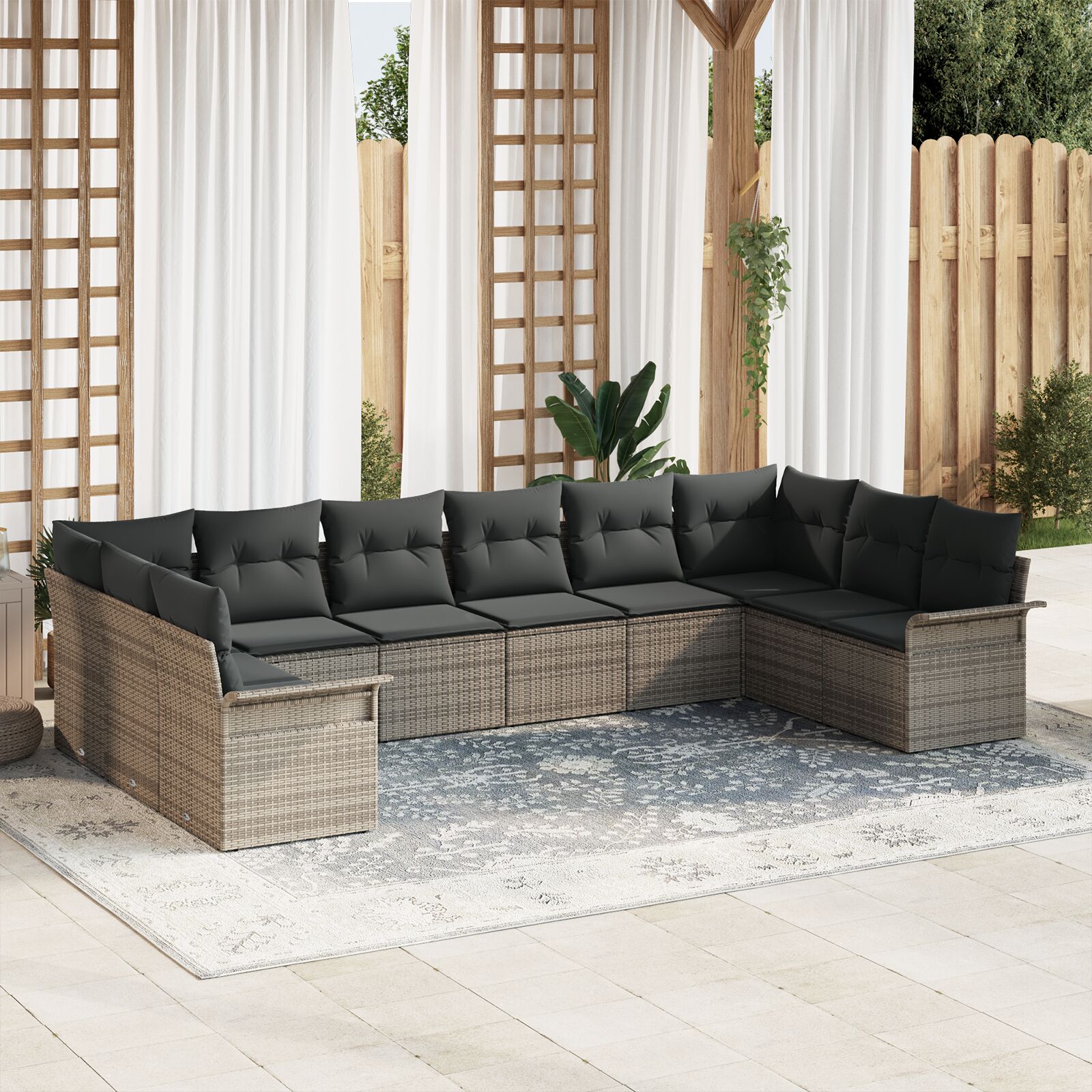 10-teiliges Garten Sofa Set mit Kissen Grau Poly Rattan