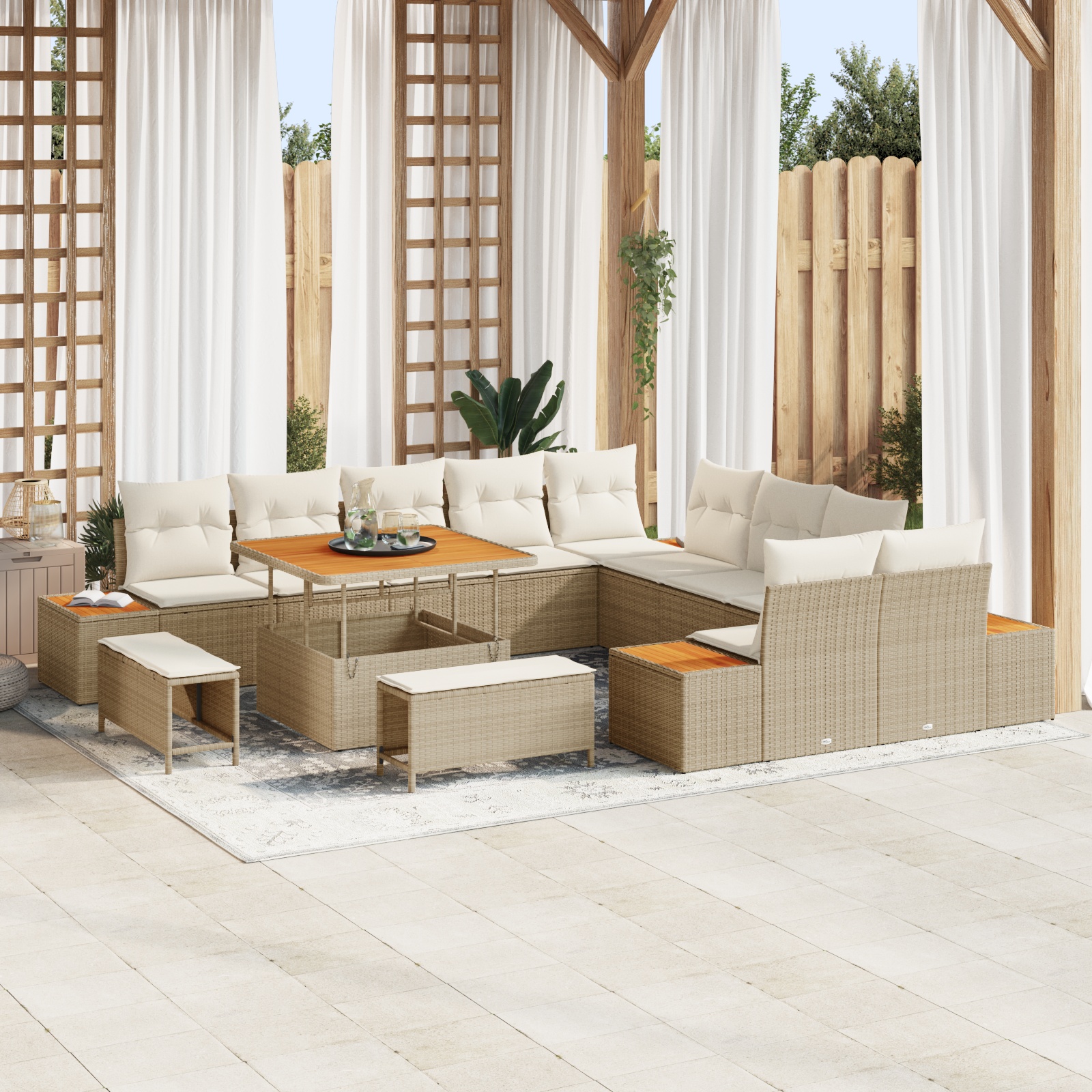 13-teiliges Garten Sofa Set mit Kissen Beige Poly Rattan Akazie 13-teiliges Garten Sofa Set mit Kissen Beige Poly Rattan Akazie