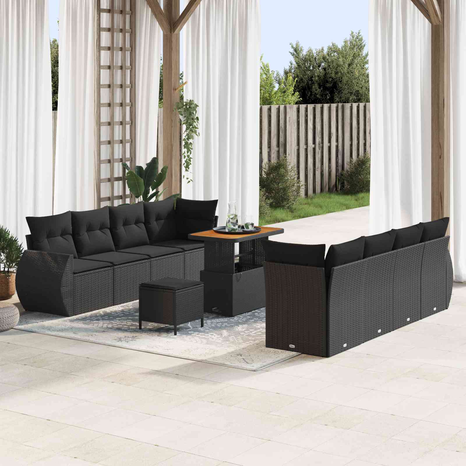 11-teiliges Garten Sofa Set mit Kissen Schwarz Poly Rattan Akazie