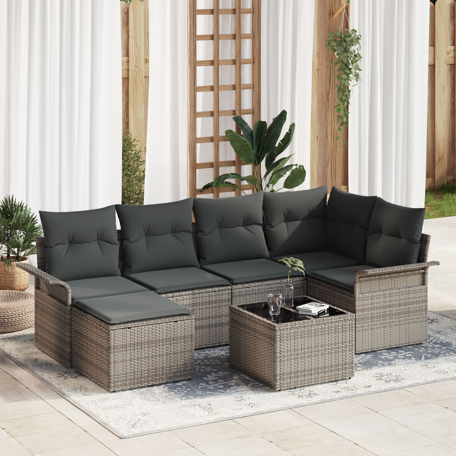 6-teiliges Garten-Sofa-Set mit Kissen Schwarz Poly Rattan 6-teiliges Garten-Sofa-Set mit Kissen Schwarz Poly Rattan