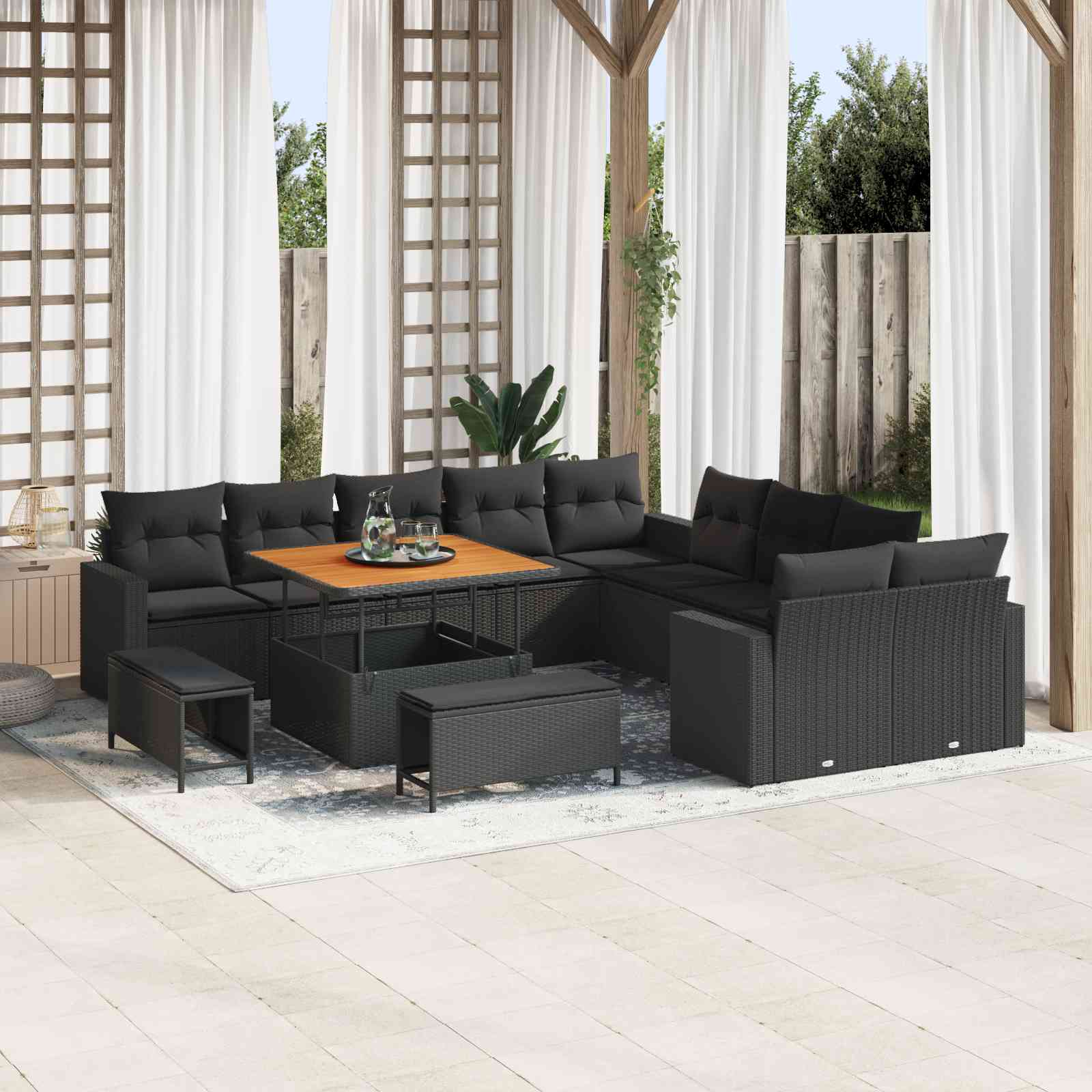 13-teiliges Garten-Sofa-Set mit Kissen Schwarz Poly Rattan Akazie