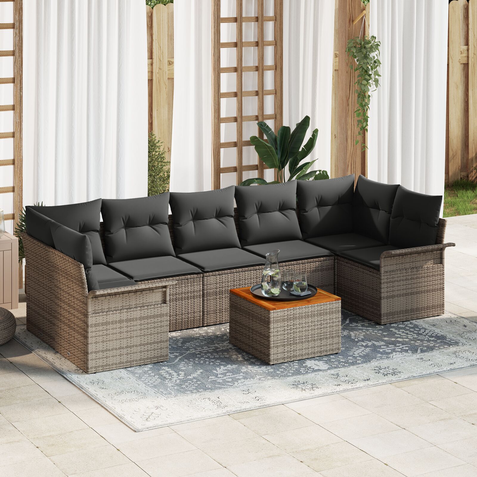 8-teiliges Garten-Sofa-Set mit Kissen Grau Poly Rattan Akazie