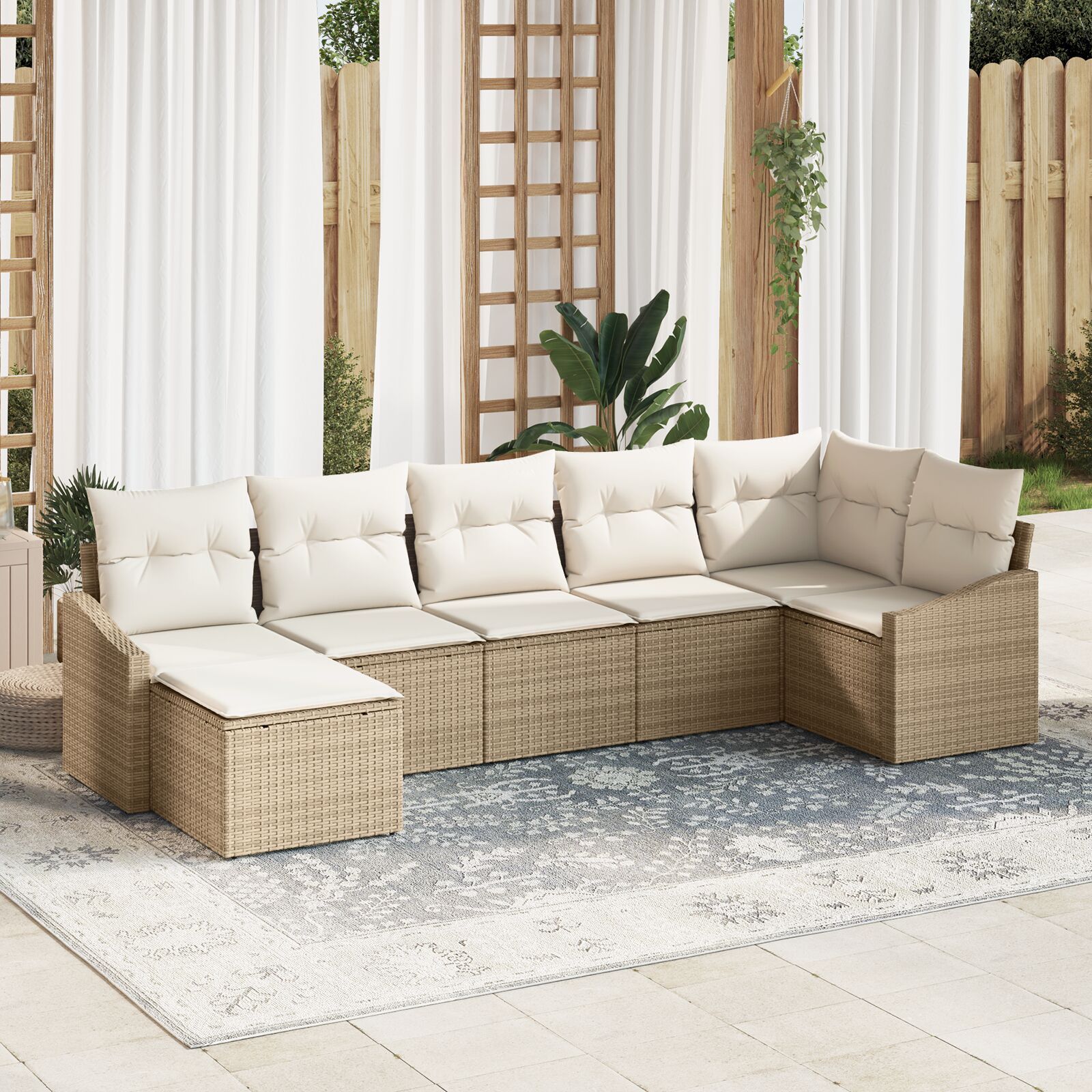 7-teiliges Garten-Sofa-Set mit Kissen Beige Poly-Rattan 7-teiliges Garten-Sofa-Set mit Kissen Beige Poly-Rattan
