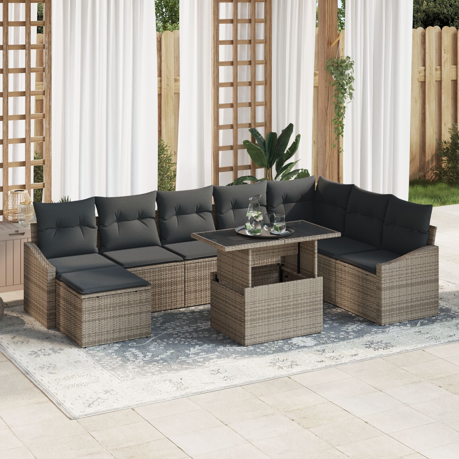9-teiliges Garten-Sofa-Set mit Kissen Grau Poly Rattan