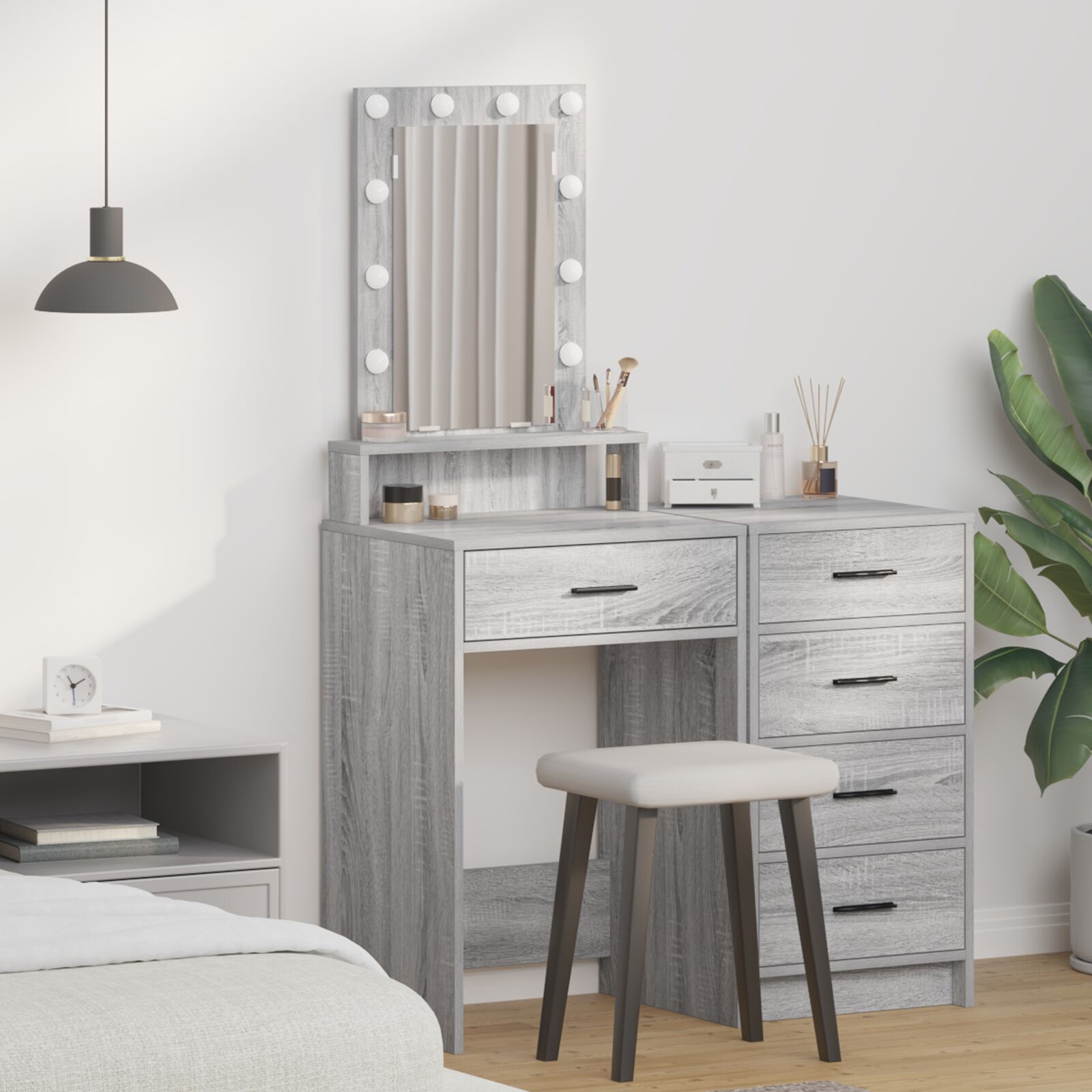 vidaXL Schminktisch mit LED-Lichtern in Grau Sonoma, 50x41x140 cm