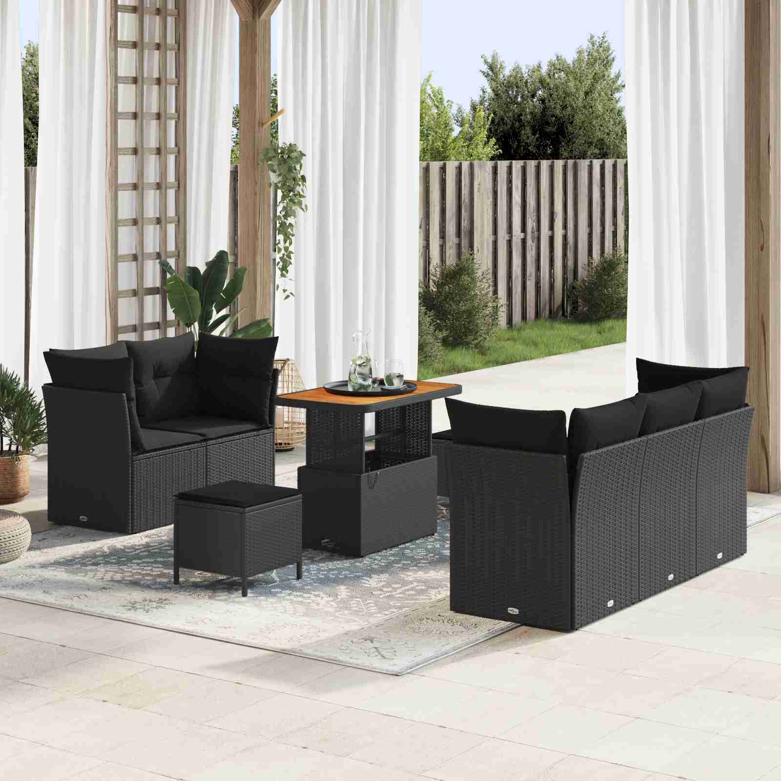 8-teiliges Garten-Sofa-Set mit Kissen Schwarz Poly Rattan Akazie 8-teiliges Garten-Sofa-Set mit Kissen Schwarz Poly Rattan Akazie