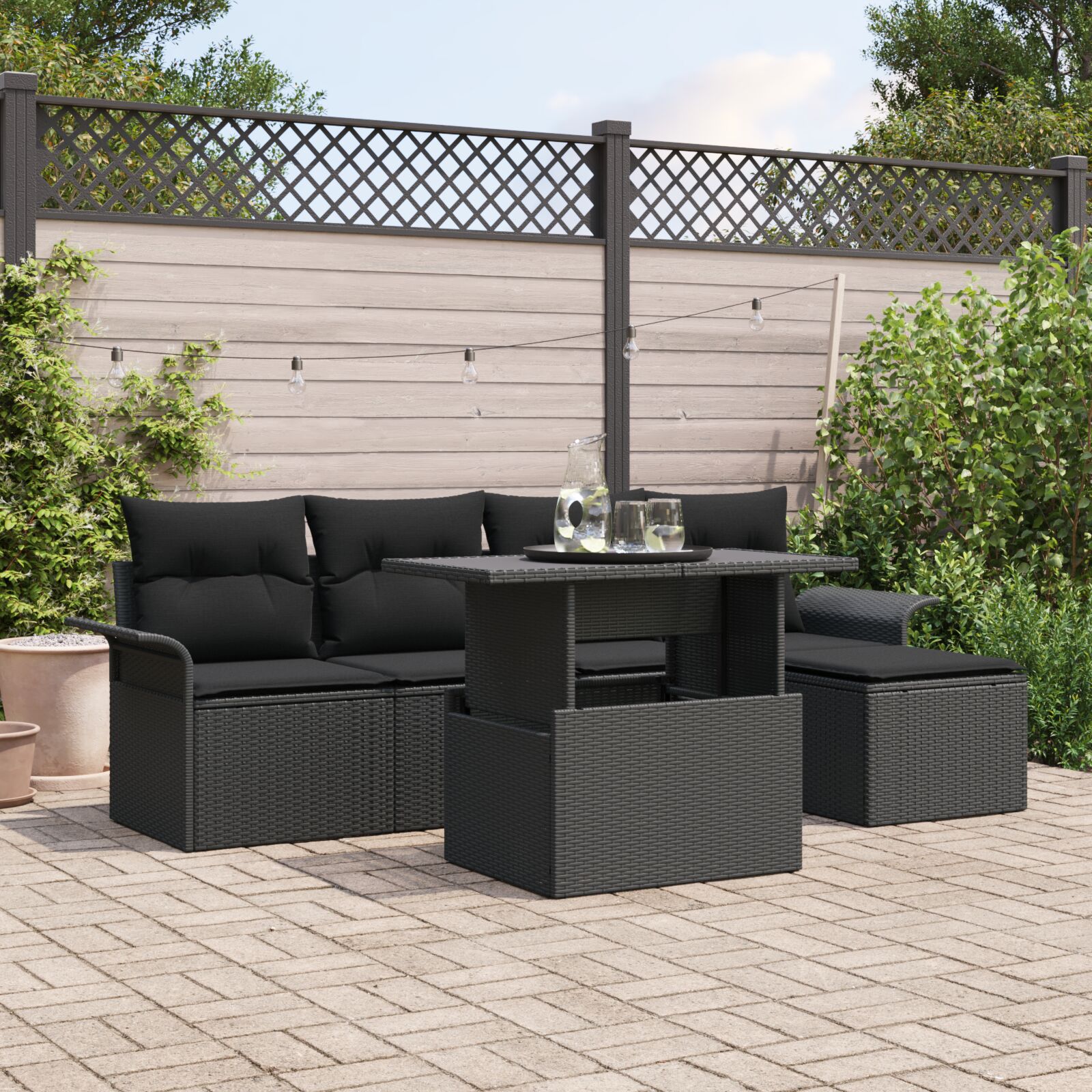 6-teiliges Garten Sofa Set mit Kissen Schwarz Poly Rattan
