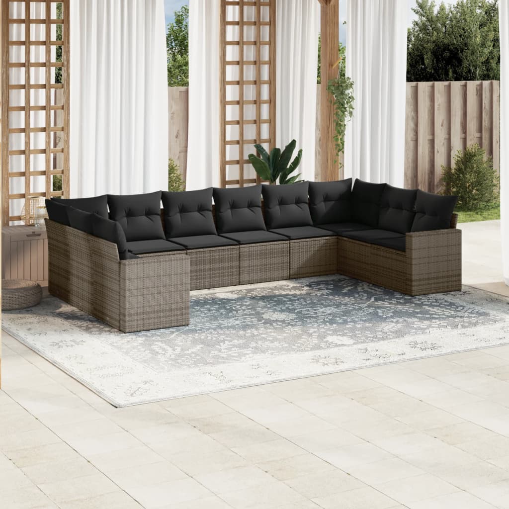 10-tlg. Garten-Sofagarnitur mit Kissen Grau Poly Rattan 10-tlg. Garten-Sofagarnitur mit Kissen Grau Poly Rattan