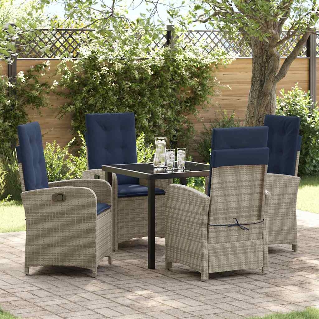 5-teiliges Gartentisch-Set mit grauen Kissen aus Poly-Rattan. 5-teiliges Gartentisch-Set mit grauen Kissen aus Poly-Rattan.