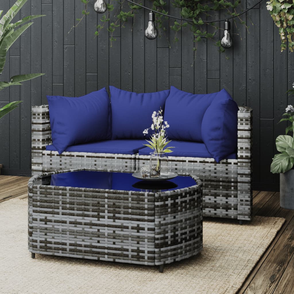 3-tlg. Garten-Lounge-Set mit Kissen Grau Poly Rattan 3-tlg. Garten-Lounge-Set mit Kissen Grau Poly Rattan