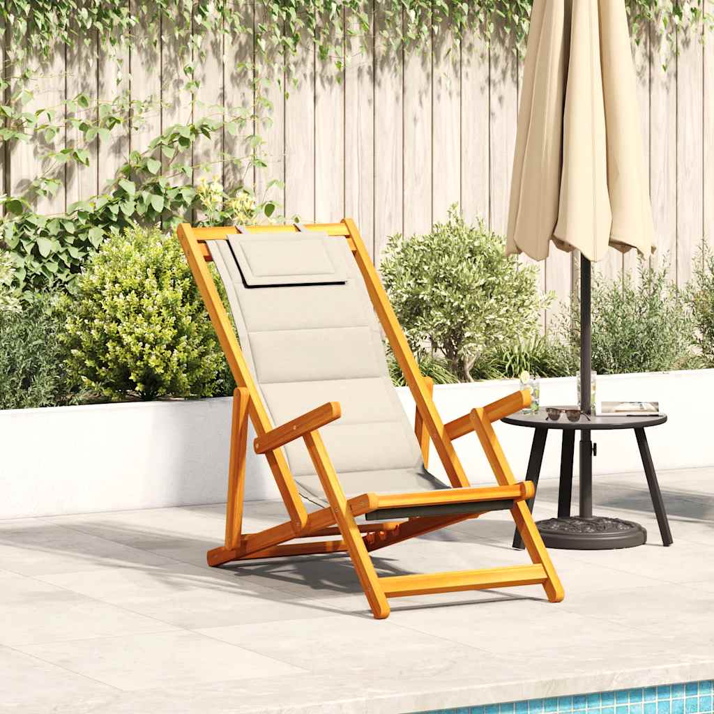 Strandstuhl mit Armlehnen Klappbar Creme Akazienholz Textilene Strandstuhl mit Armlehnen Klappbar Creme Akazienholz Textilene