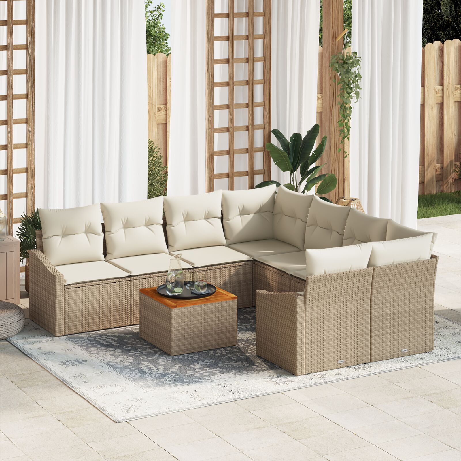 9-teiliges Garten-Sofa-Set mit Kissen Beige Poly-Rattan Akazie