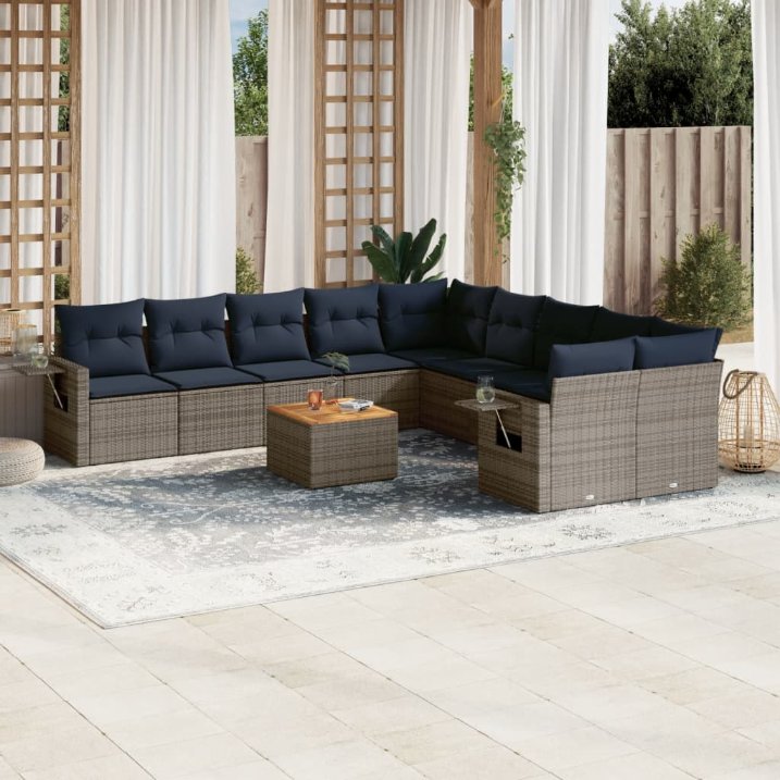 11-teiliges Gartensofa-Set mit Kissen, grau, Polyrattan 11-teiliges Gartensofa-Set mit Kissen, grau, Polyrattan