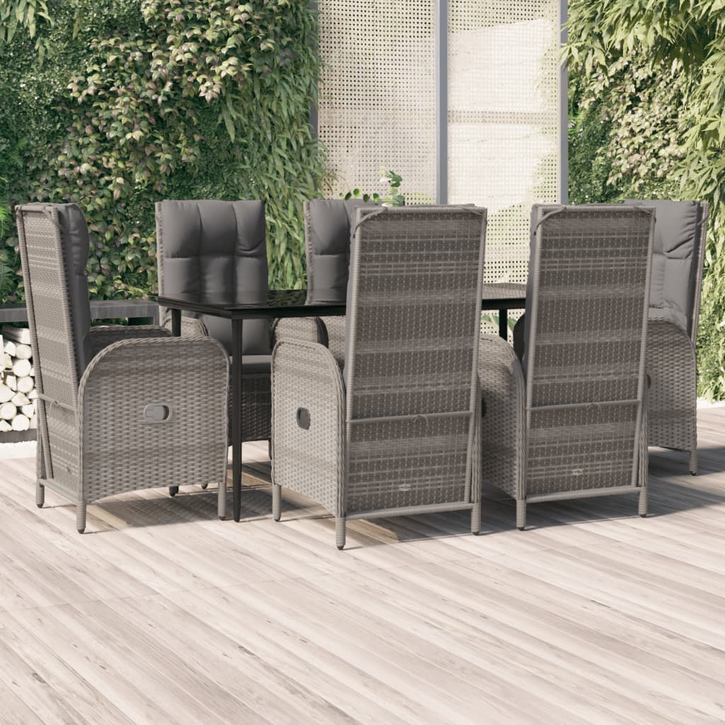 7-tlg. Garten-Essgruppe mit Kissen Schwarz und Grau Poly Rattan
