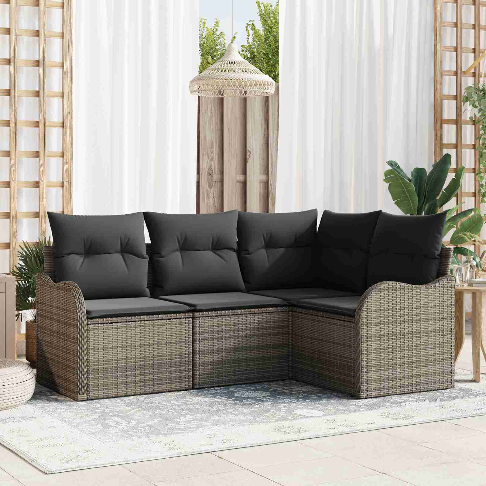 4-teiliges Garten-Sofa-Set mit Kissen Grau Poly-Rattan