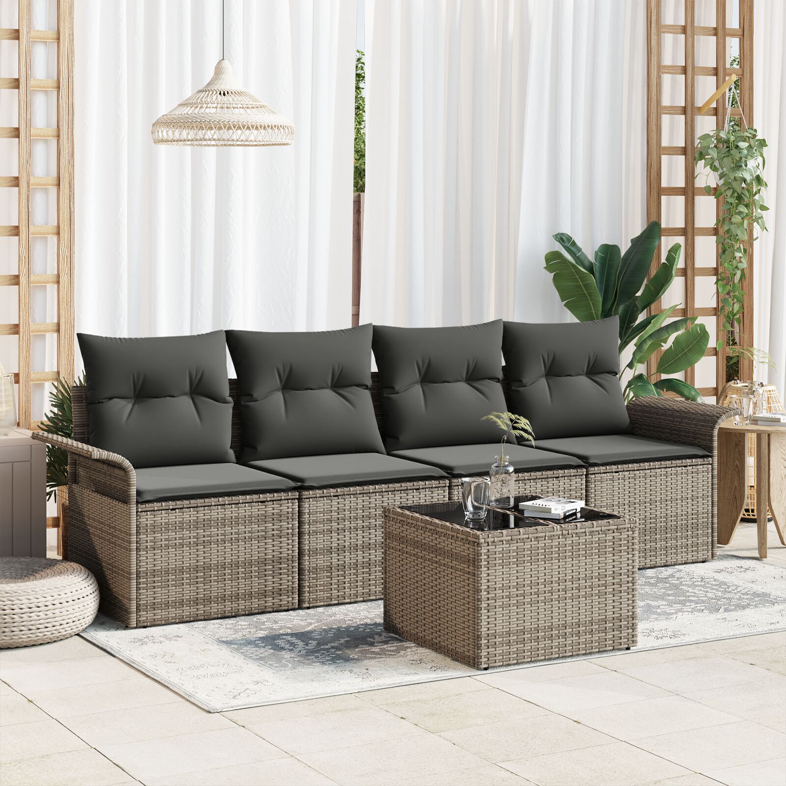5-teiliges Garten Sofa Set mit Kissen Grau Poly Rattan