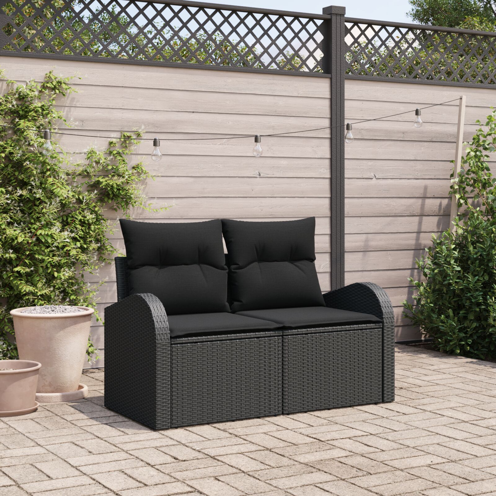 2-Sitzer Garten Sofa mit Stauraum und Kissen Schwarz Poly Rattan 2-Sitzer Garten Sofa mit Stauraum und Kissen Schwarz Poly Rattan