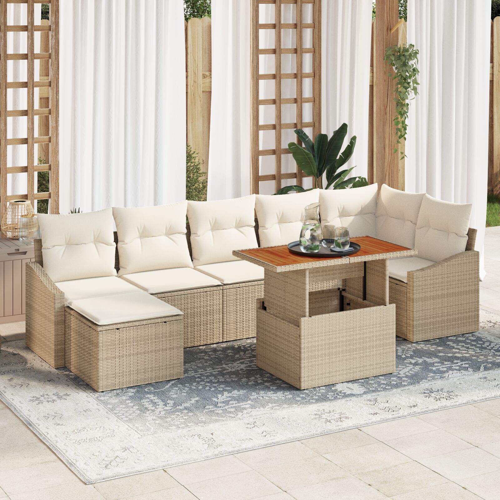 8-teilige Garten-Essgruppe mit Kissen Beige Poly Rattan Akazie 8-teilige Garten-Essgruppe mit Kissen Beige Poly Rattan Akazie