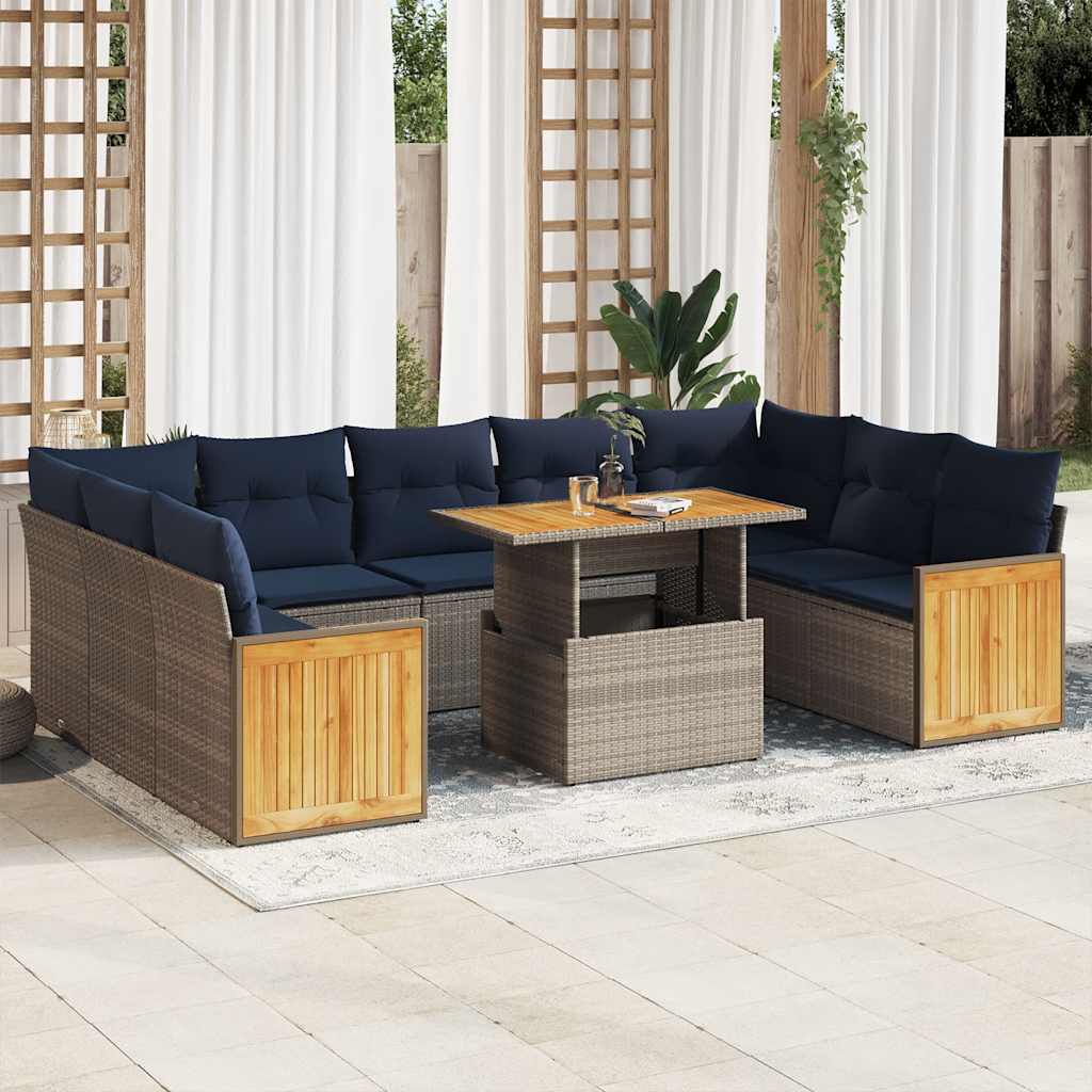 10-tlg. Garten-Sofagarnitur mit Kissen Grau Poly Rattan Akazie 10-tlg. Garten-Sofagarnitur mit Kissen Grau Poly Rattan Akazie