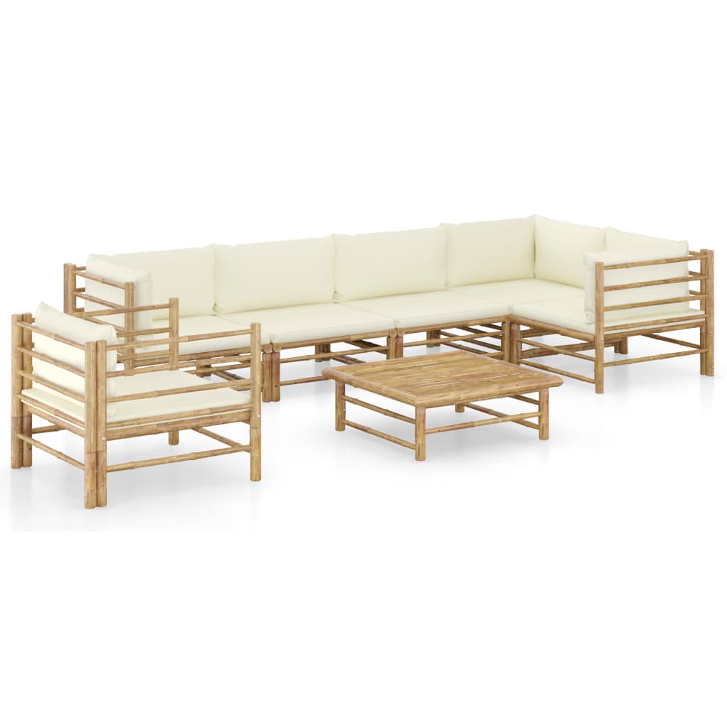 7-tlg. Garten-Lounge-Set mit Cremeweißen Kissen Bambus 7-tlg. Garten-Lounge-Set mit Cremeweißen Kissen Bambus
