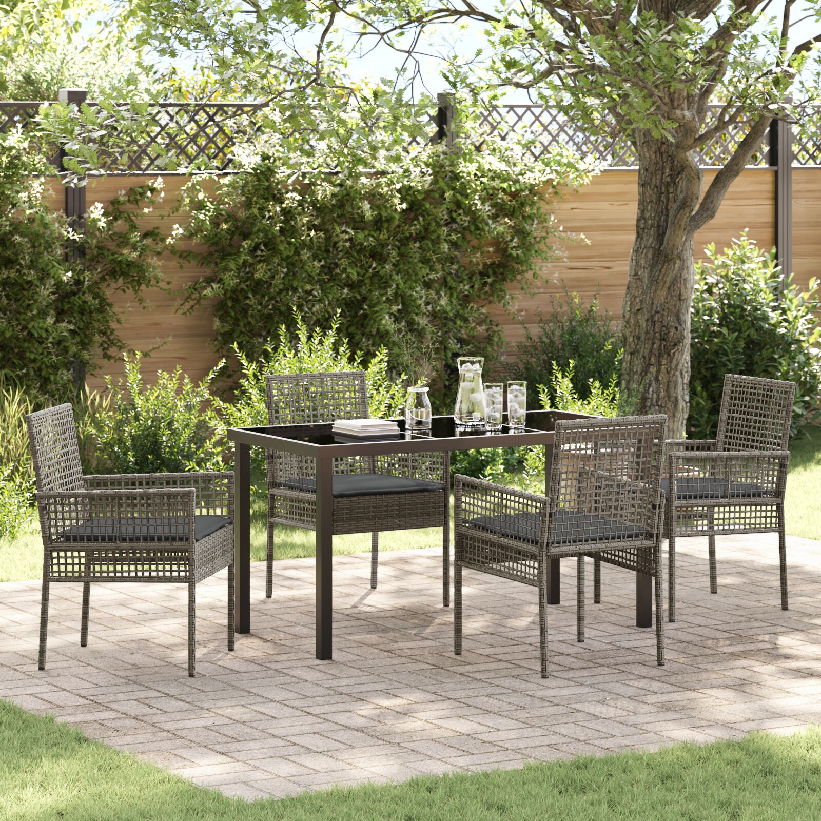 5-teilige Garten-Essgruppe mit Kissen Grau Poly Rattan
