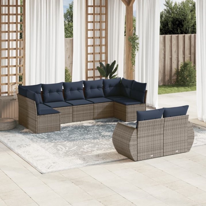 9-teiliges Gartensofa-Set mit Kissen, grau, Polyrattan 9-teiliges Gartensofa-Set mit Kissen, grau, Polyrattan