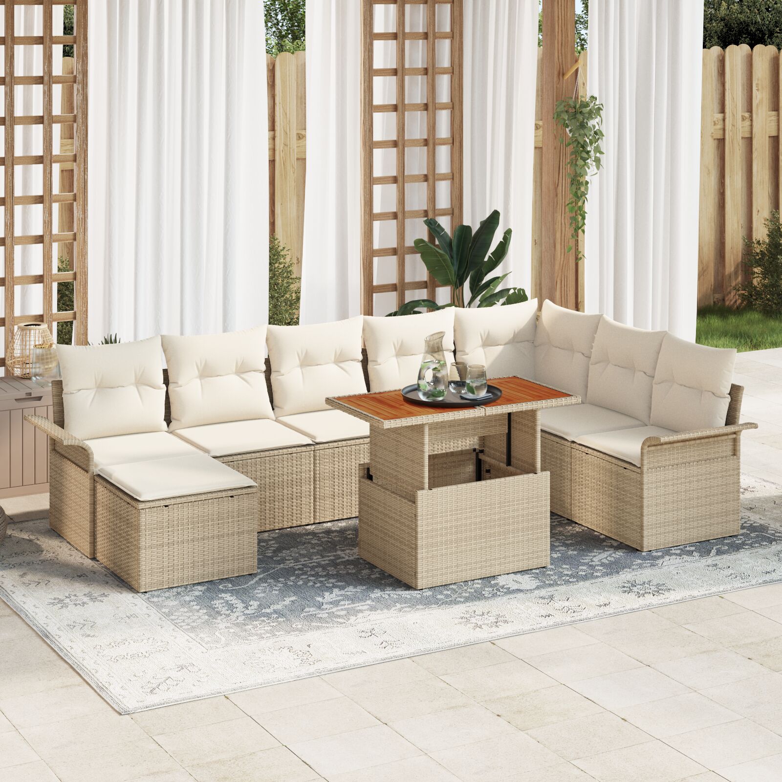 9-teiliges Garten Esszimmer Set mit Kissen Beige Poly Rattan Akazie 9-teiliges Garten Esszimmer Set mit Kissen Beige Poly Rattan Akazie