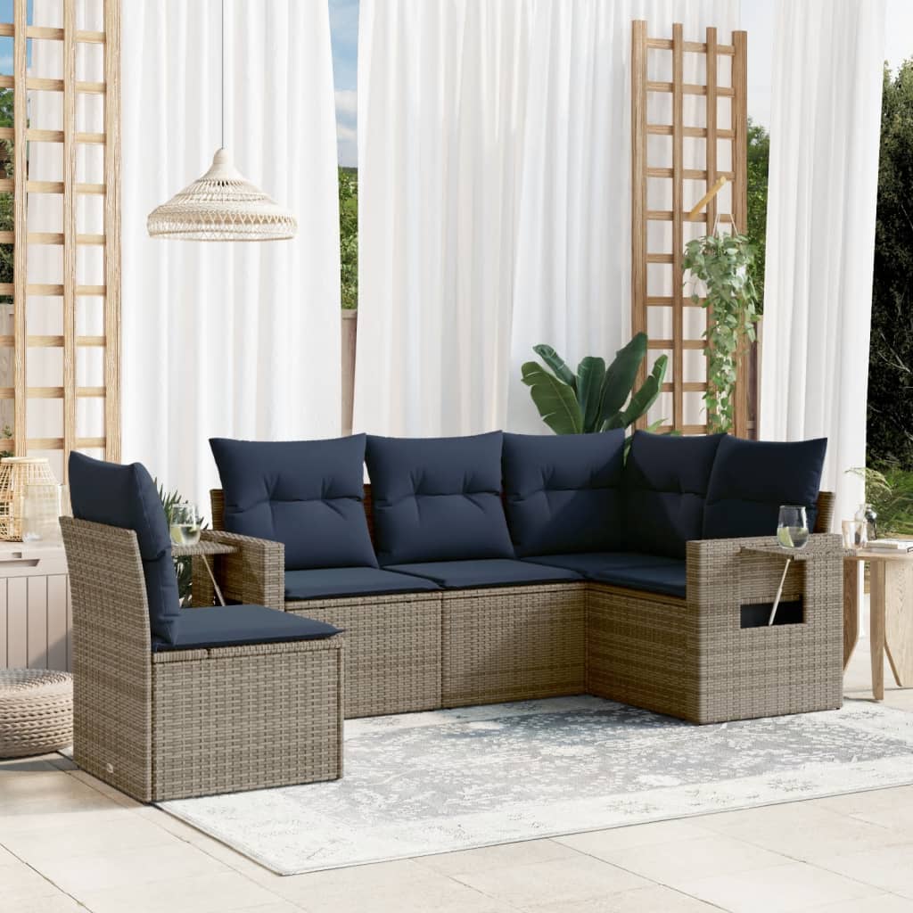 5-teiliges Gartensofa-Set mit Kissen, grau, Polyrattan