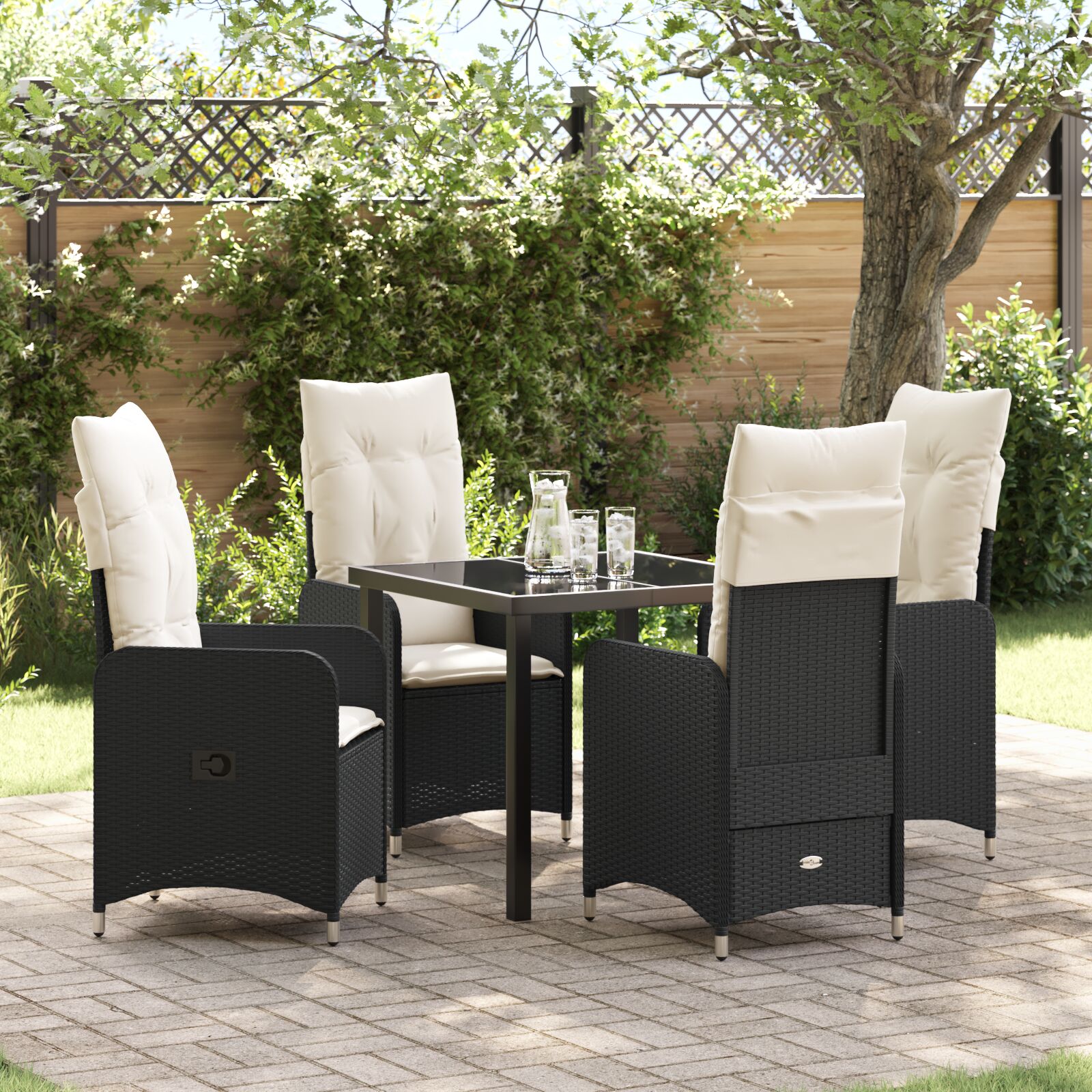 5-teiliges Garten-Esstisch-Set mit Kissen Schwarz Poly-Rattan