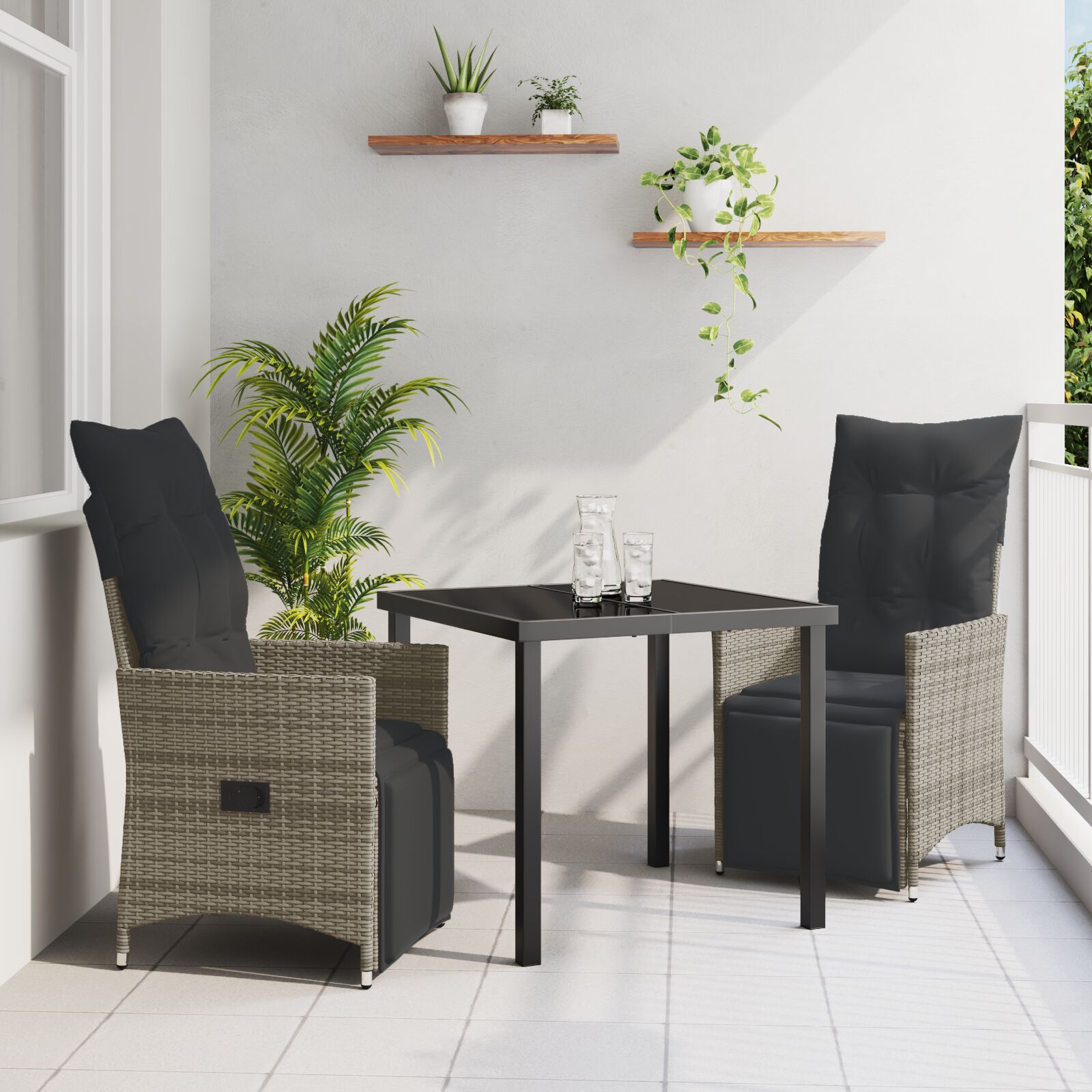 3-teiliges Garten-Esszimmer-Set mit Kissen Grau Polyrattan