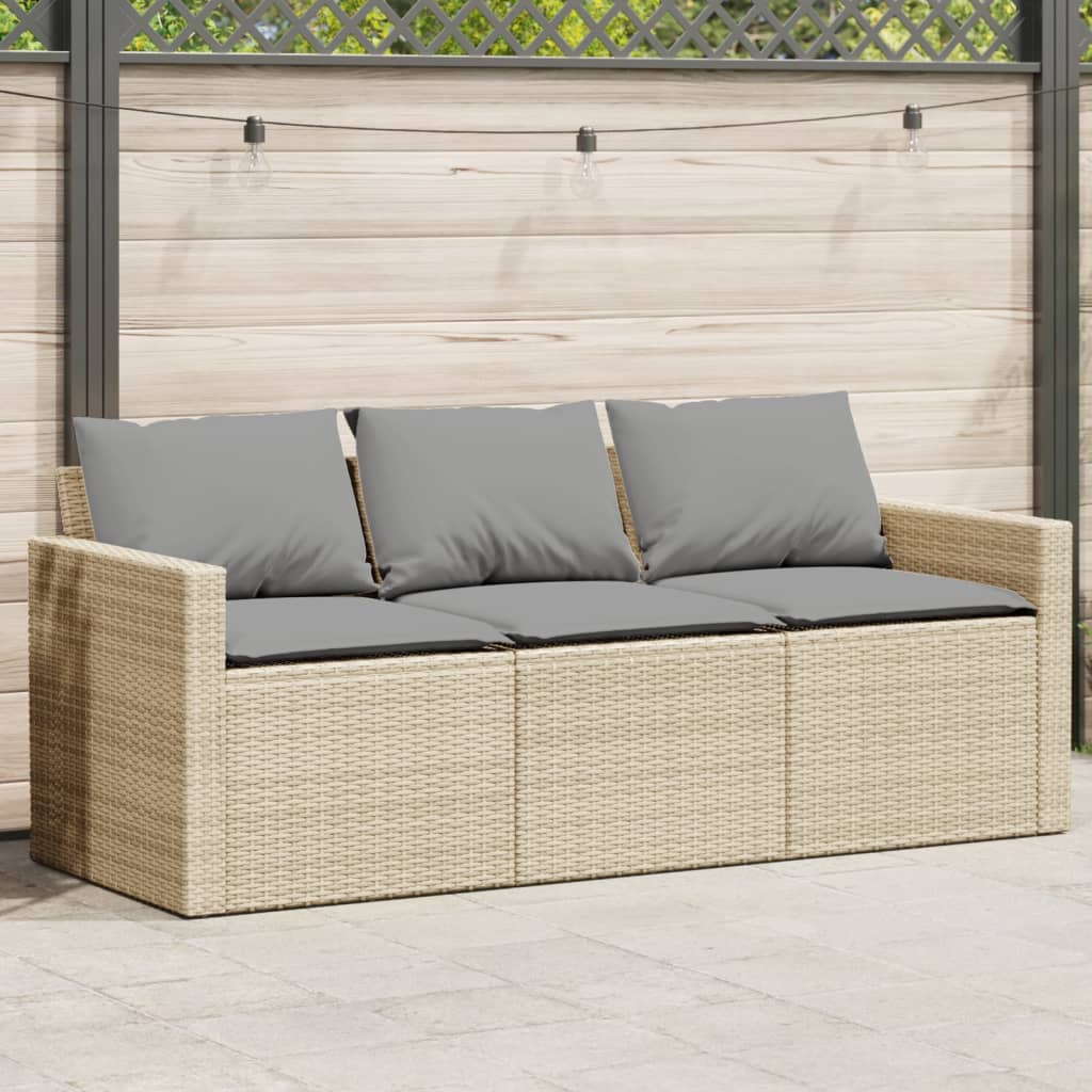 Gartensofa mit Kissen 3-Sitzer Beige Poly Rattan Gartensofa mit Kissen 3-Sitzer Beige Poly Rattan