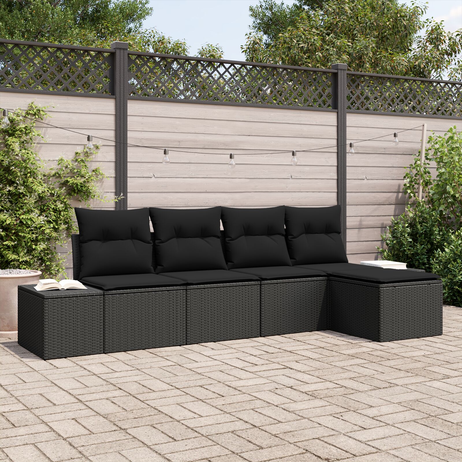 5-teiliges Garten Sofa Set mit Kissen Schwarz Poly Rattan