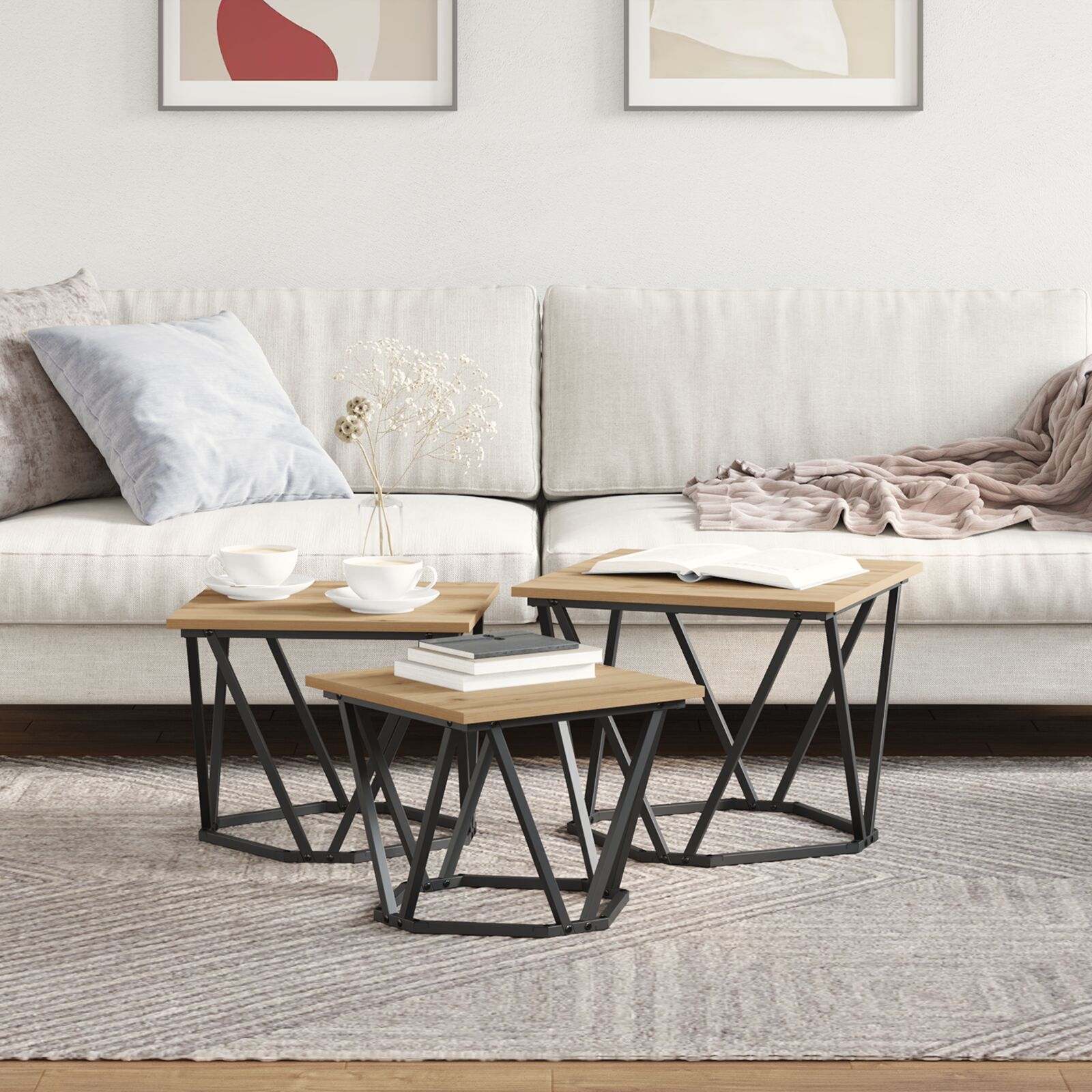 vidaXL Beistelltische 3 Stück Artisan Eiche Furnierholz