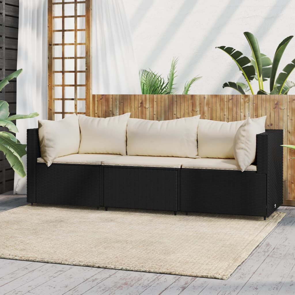 3-tlg. Garten-Lounge-Set mit Kissen Schwarz Poly Rattan 3-tlg. Garten-Lounge-Set mit Kissen Schwarz Poly Rattan