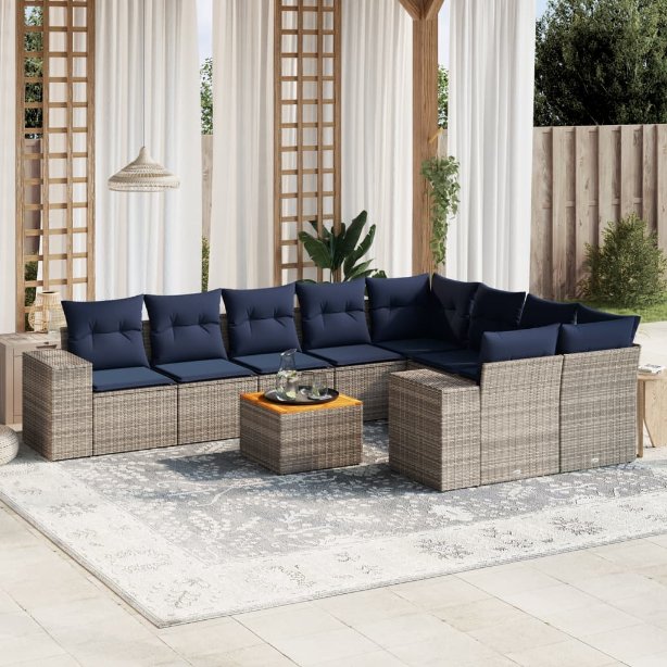 10-teiliges Gartensofa-Set mit Kissen, grau, Polyrattan 10-teiliges Gartensofa-Set mit Kissen, grau, Polyrattan